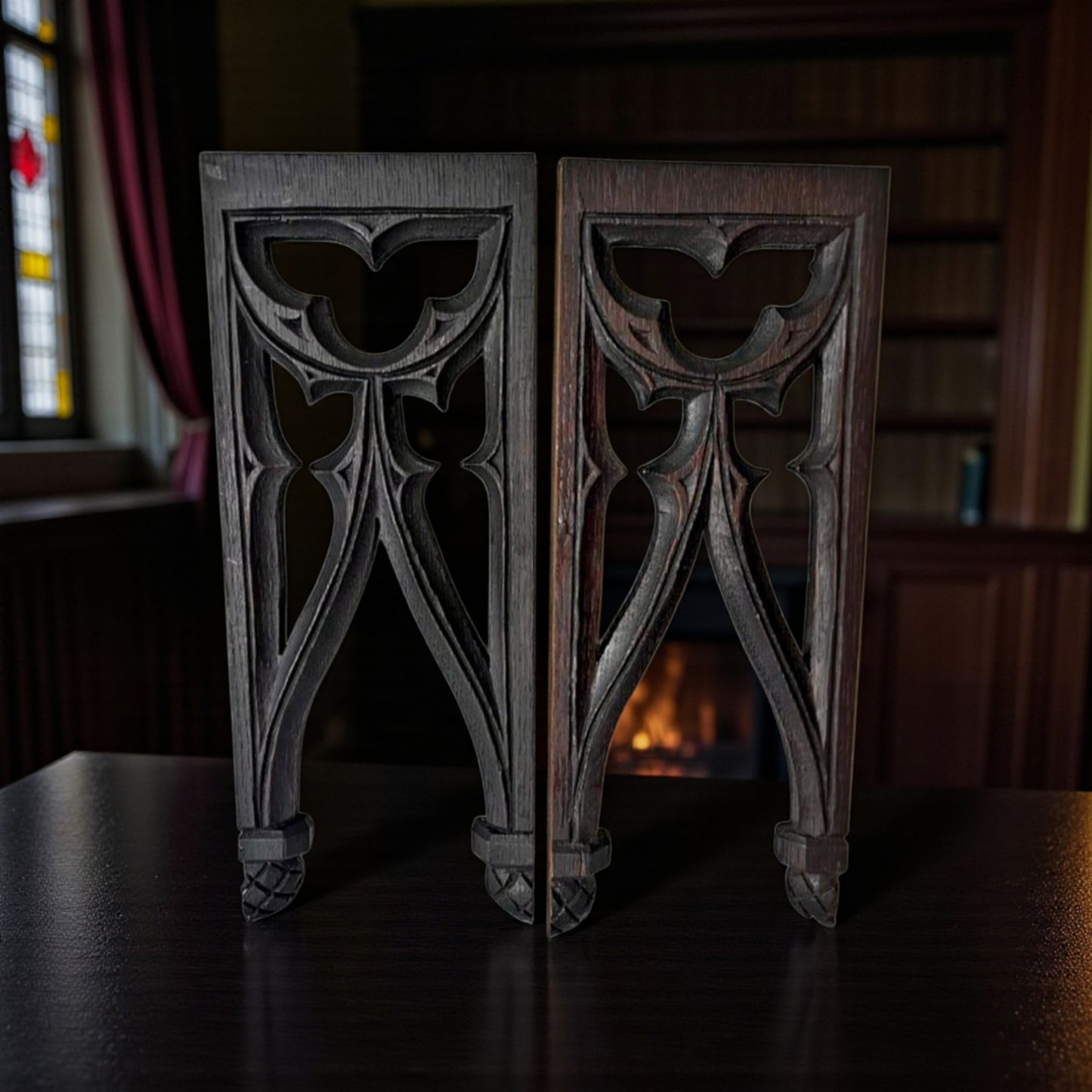 Pair of 19th Century Gothic Revival Antique Carved Oak Tracery Panels – France, c1850