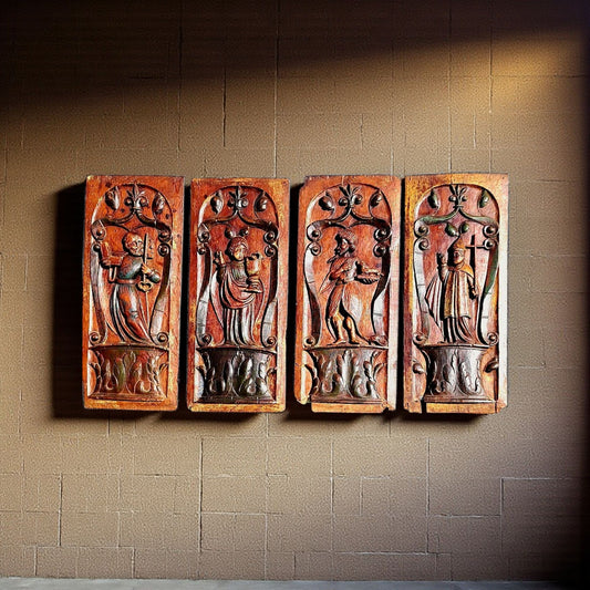 A Fine & Rare Set of Four Large 16th-Century Renaissance Antique Carved Oak Panels in Original Polychrome