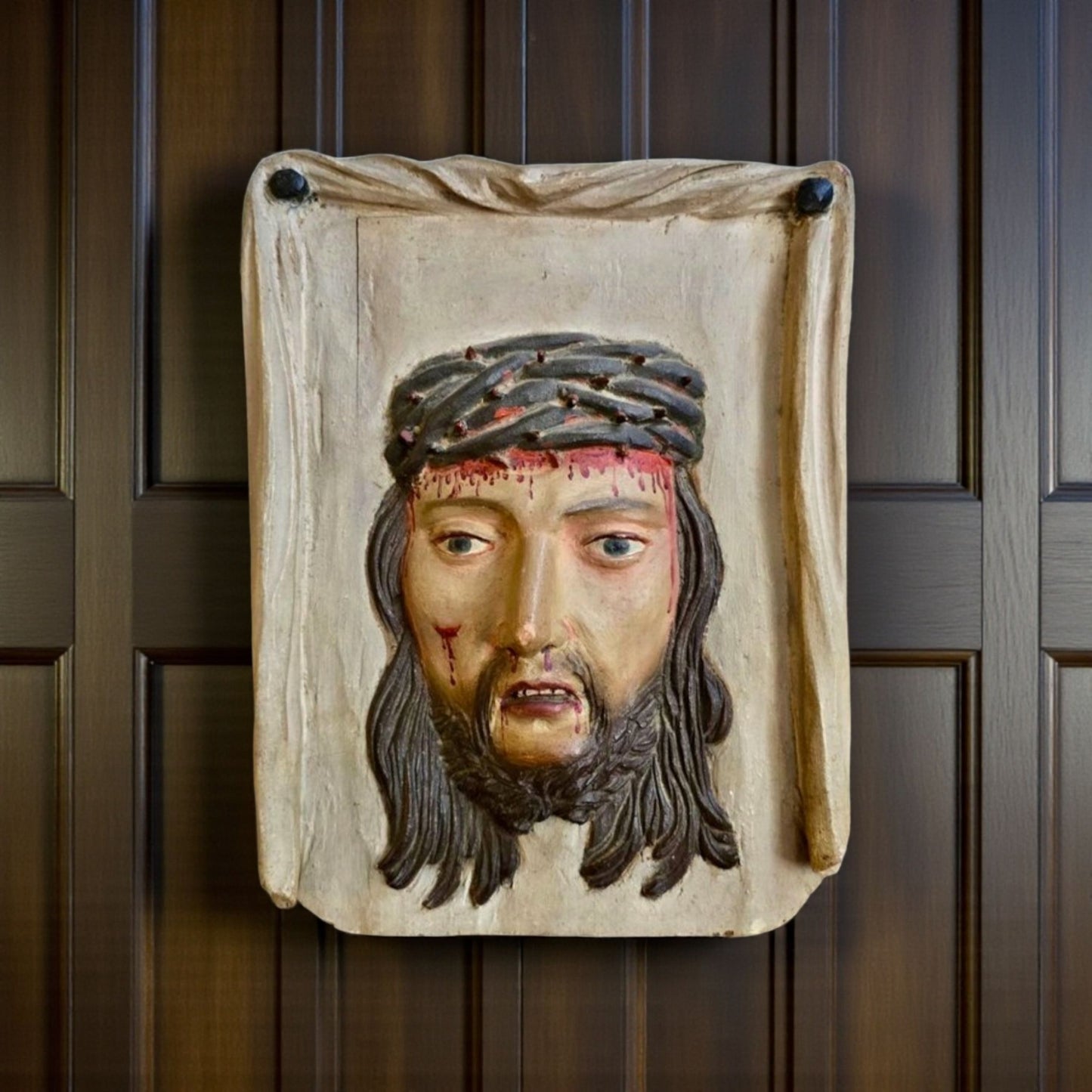 Expressive 18th‑Century Tyrolean/Bavarian Antique Polychrome Carved Wood Panel Relief of Christ Crowned with Thorns (Ecce Homo)