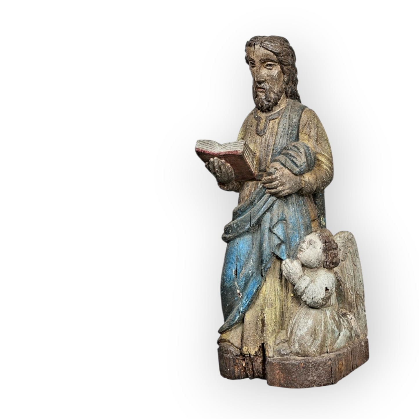 A Late 17th Century Baroque Period Antique Carved Wooden Sculpture of Christ With a Praying Angel in Original Polychrome