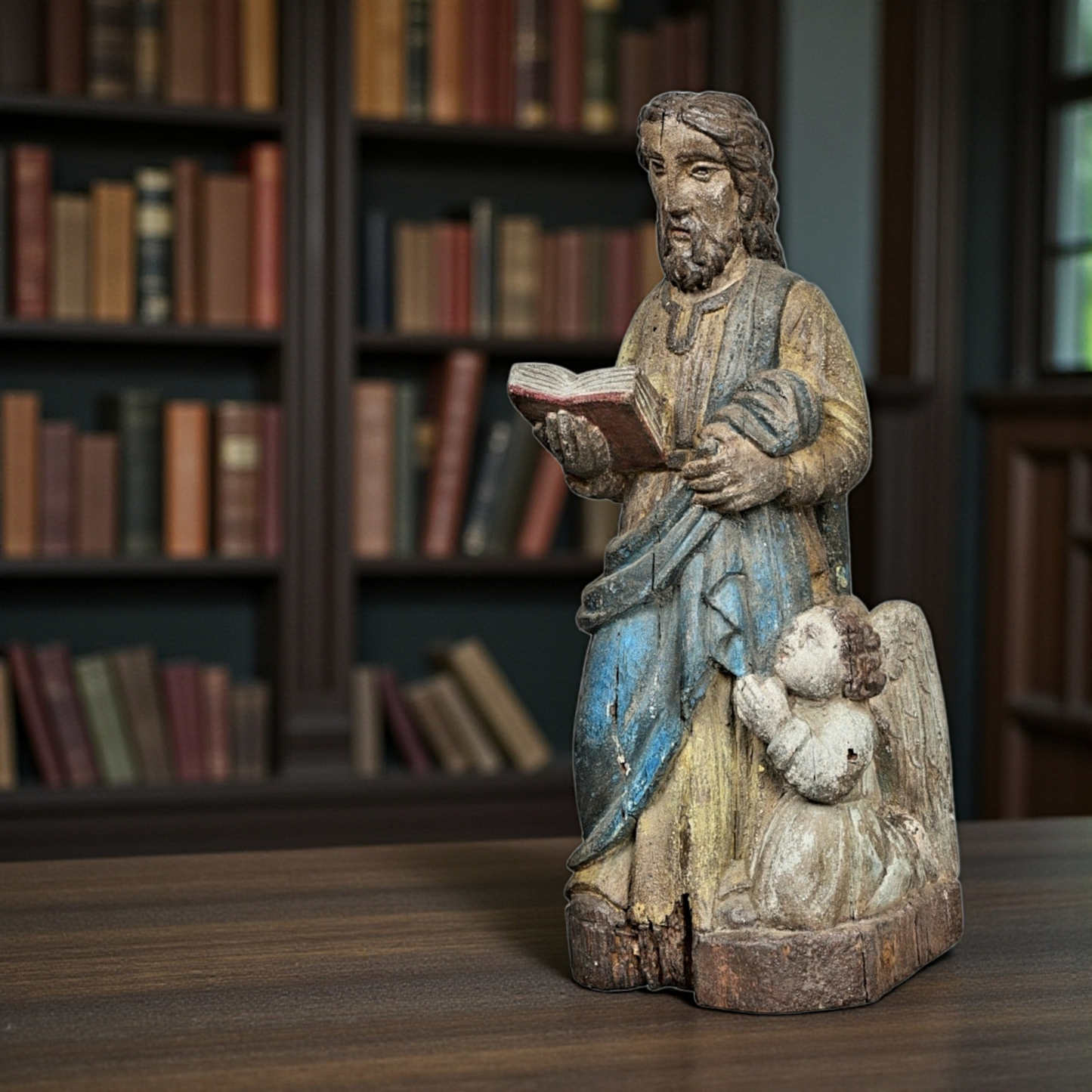 A Late 17th Century Baroque Period Antique Carved Wooden Sculpture of Christ With a Praying Angel in Original Polychrome