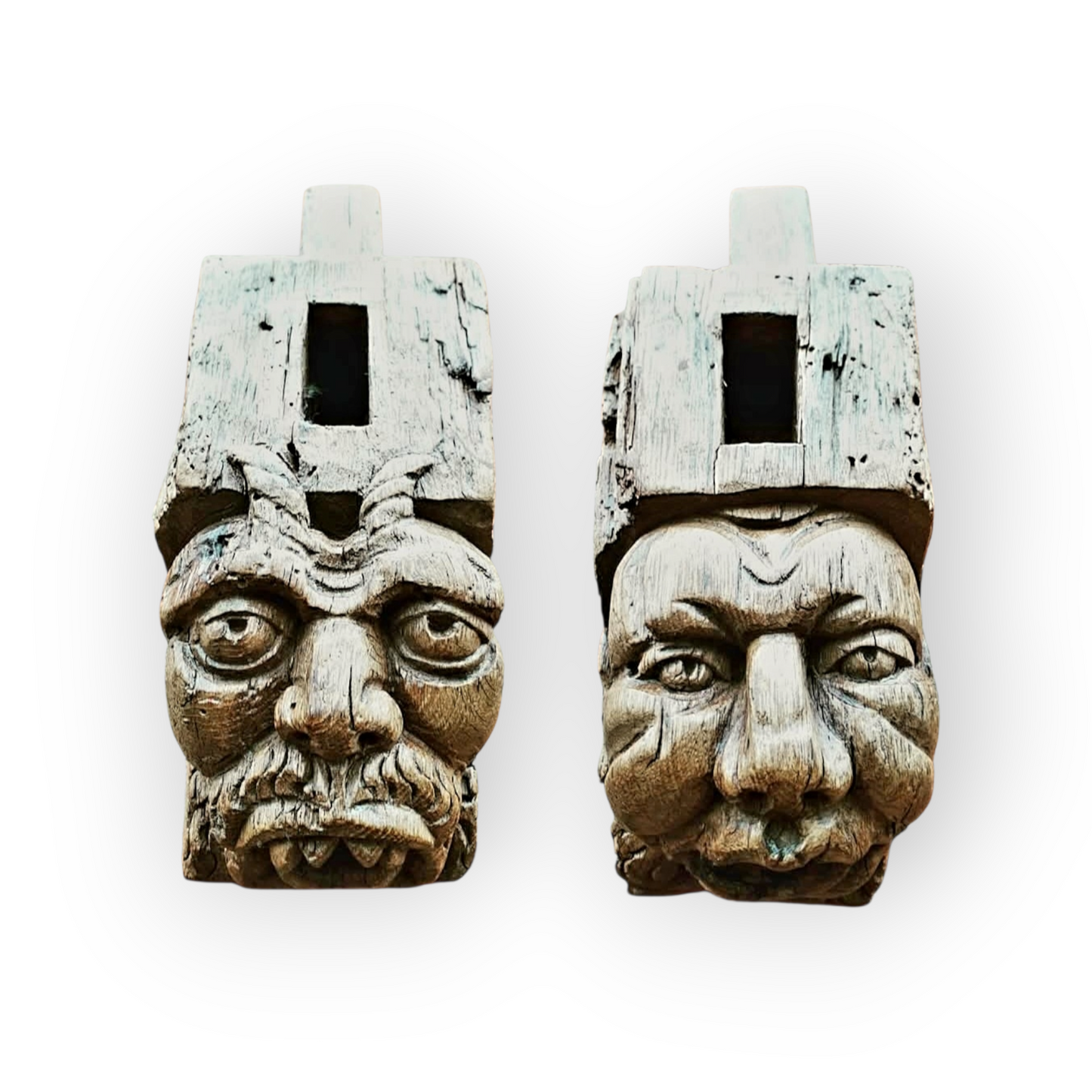Pair of 15th-century Antique Carved Oak Corbels / Beam Supports Depicting The Devil & The Sinner