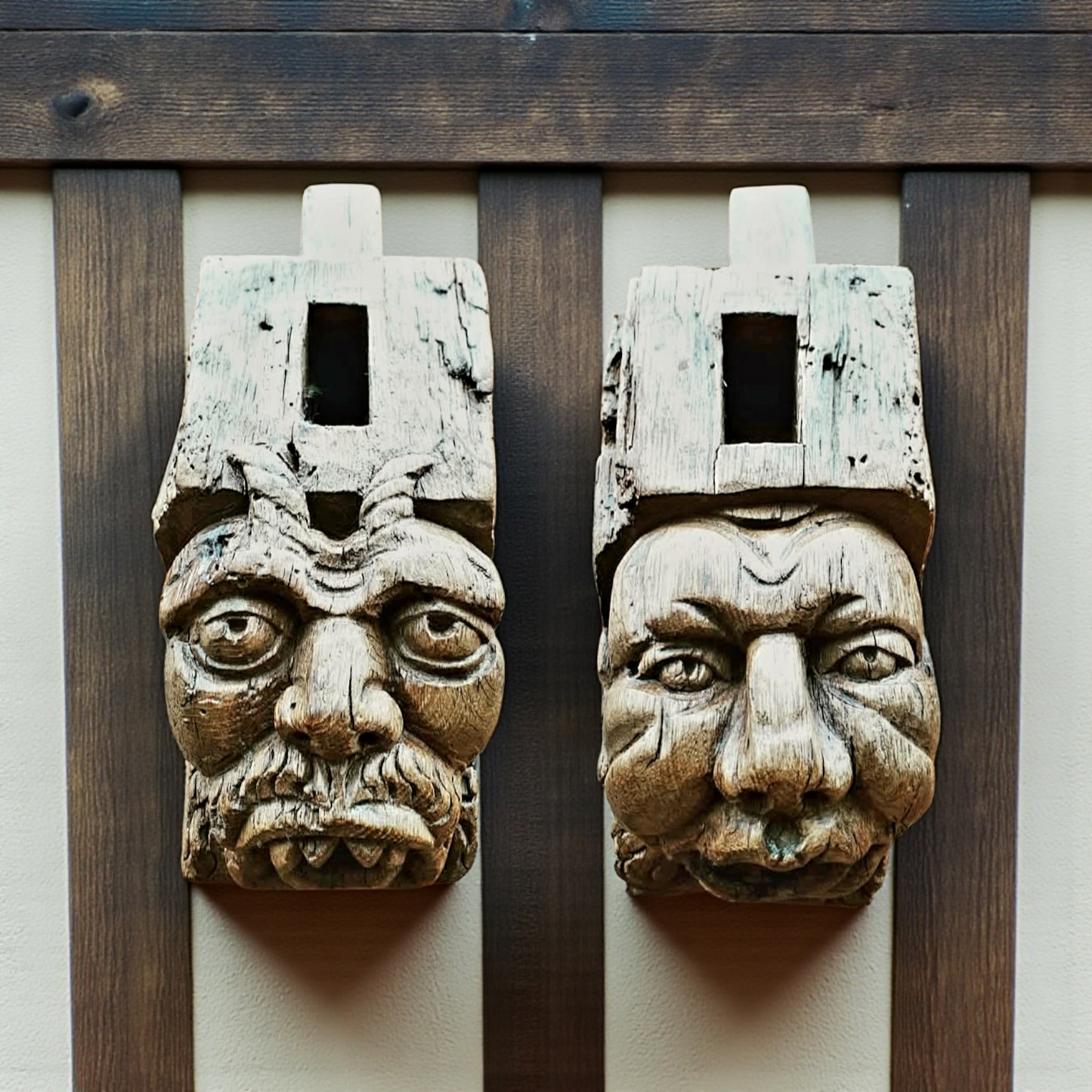 Pair of 15th-century Antique Carved Oak Corbels / Beam Supports Depicting The Devil & The Sinner