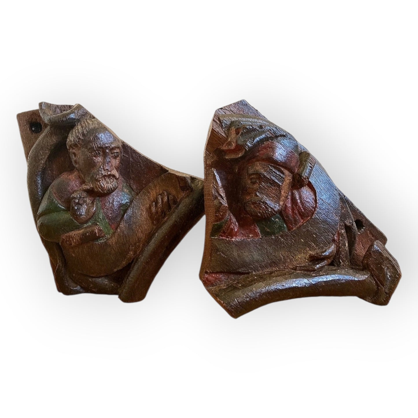 Rare Pair of 15th Century Antique Carved Oak Panels / Decorative Corner Spandrels, Saints in Original Polychrome