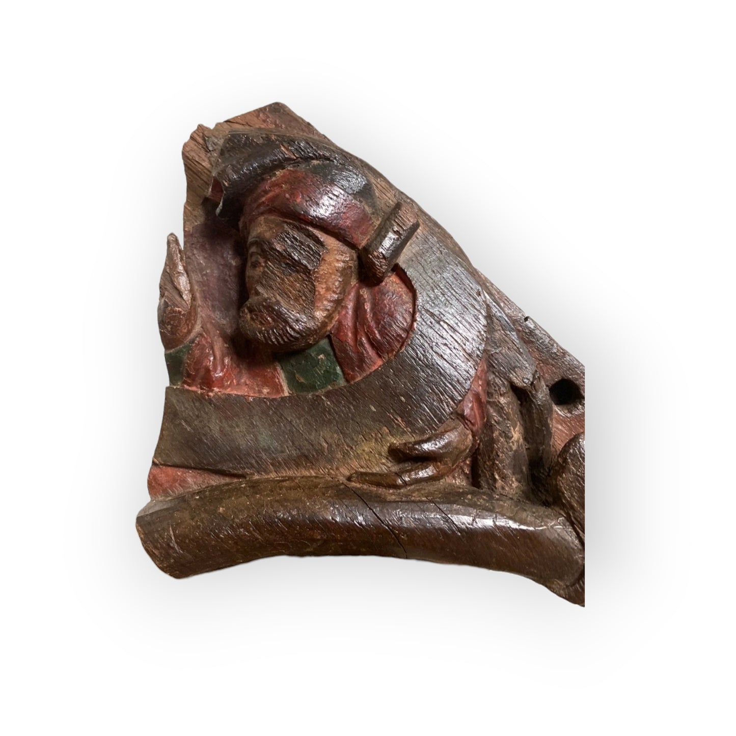 Rare Pair of 15th Century Antique Carved Oak Panels / Decorative Corner Spandrels, Saints in Original Polychrome