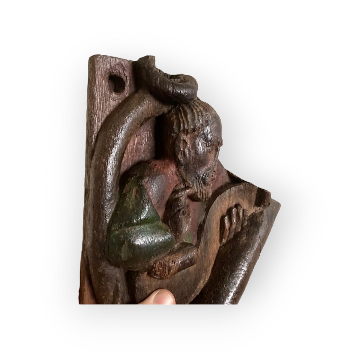 Rare Pair of 15th Century Antique Carved Oak Panels / Decorative Corner Spandrels, Saints in Original Polychrome