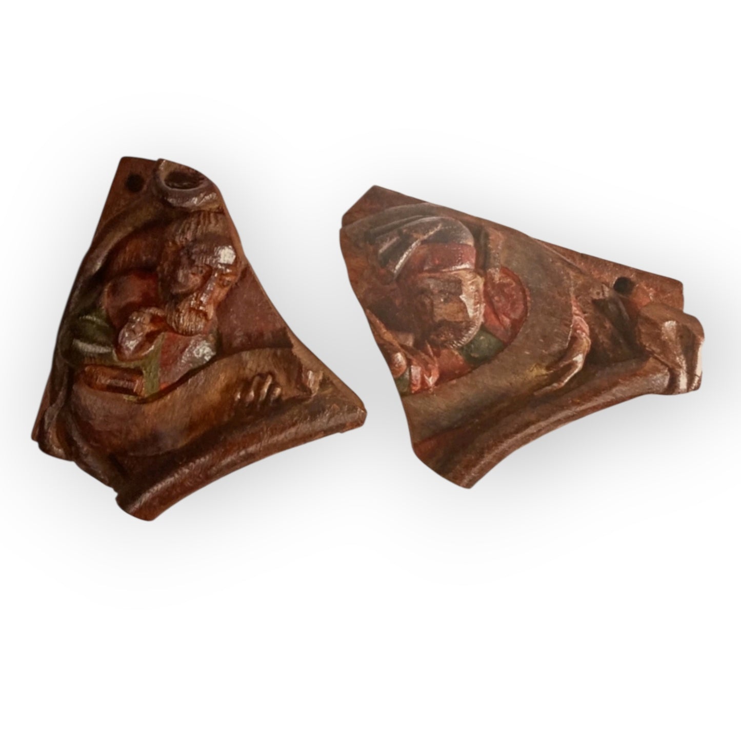 Rare Pair of 15th Century Antique Carved Oak Panels / Decorative Corner Spandrels, Saints in Original Polychrome