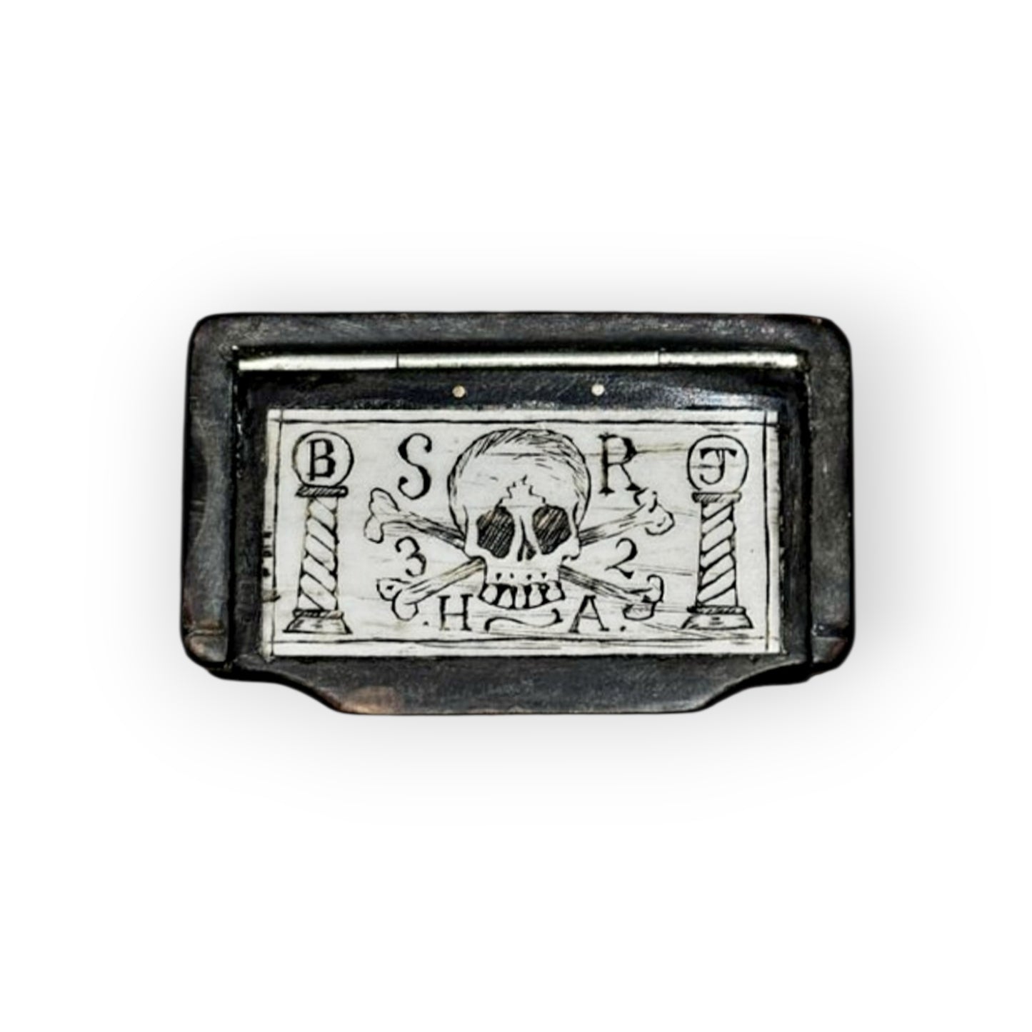 18th‑Century English Antique Tortoiseshell Masonic Snuff Box With Scrimshaw Decorated Memento Mori Lid