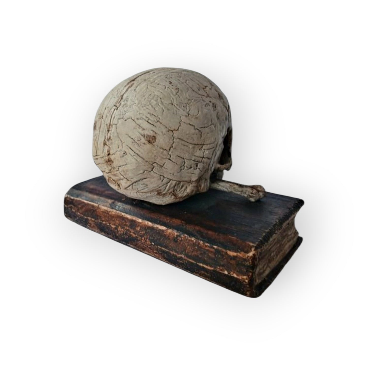 Mid-18th-Century Italian Antique Carved Treen Memento Mori – Skull, Bones & Book – Original Polychromy – Rare Example