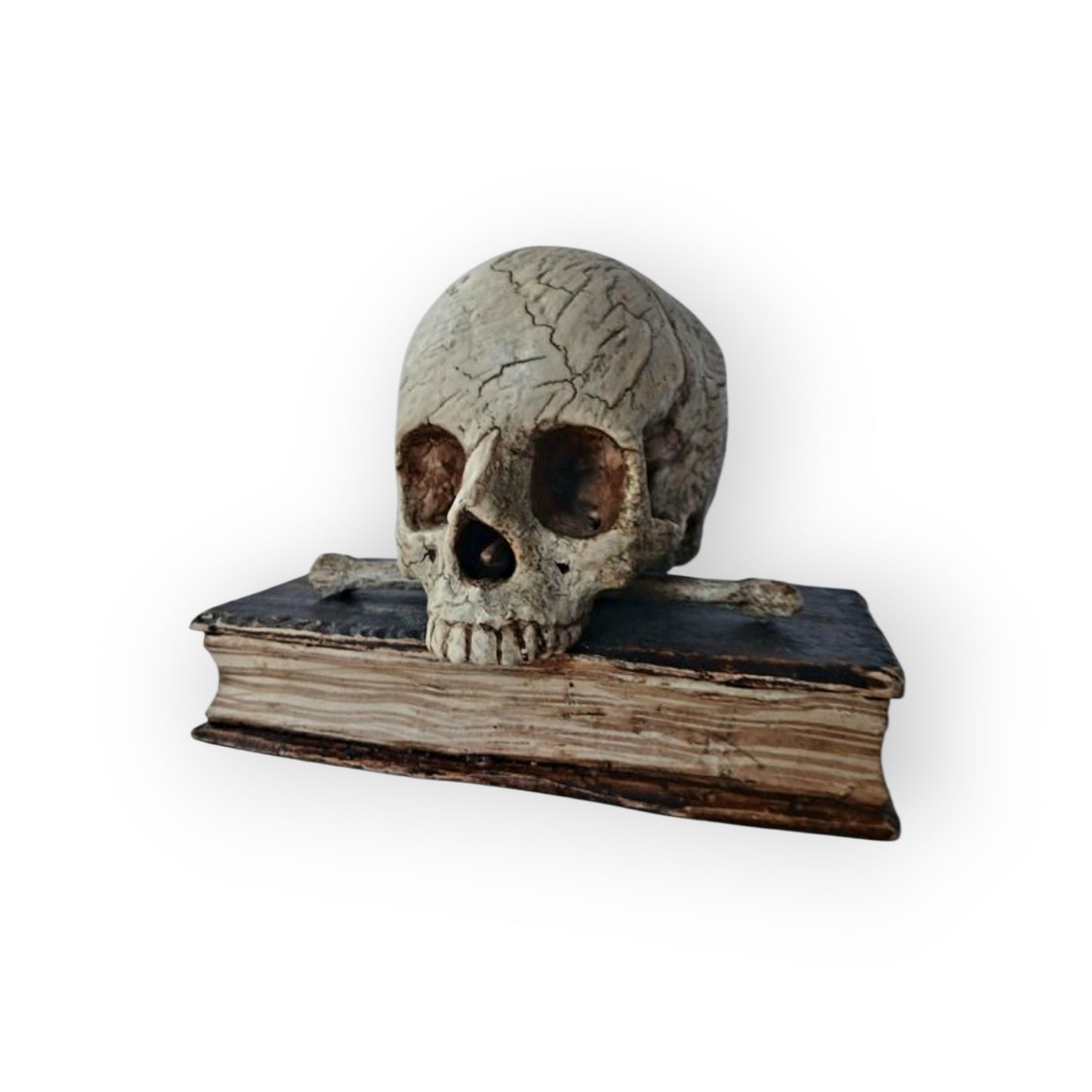 Mid-18th-Century Italian Antique Carved Treen Memento Mori – Skull, Bones & Book – Original Polychromy – Rare Example