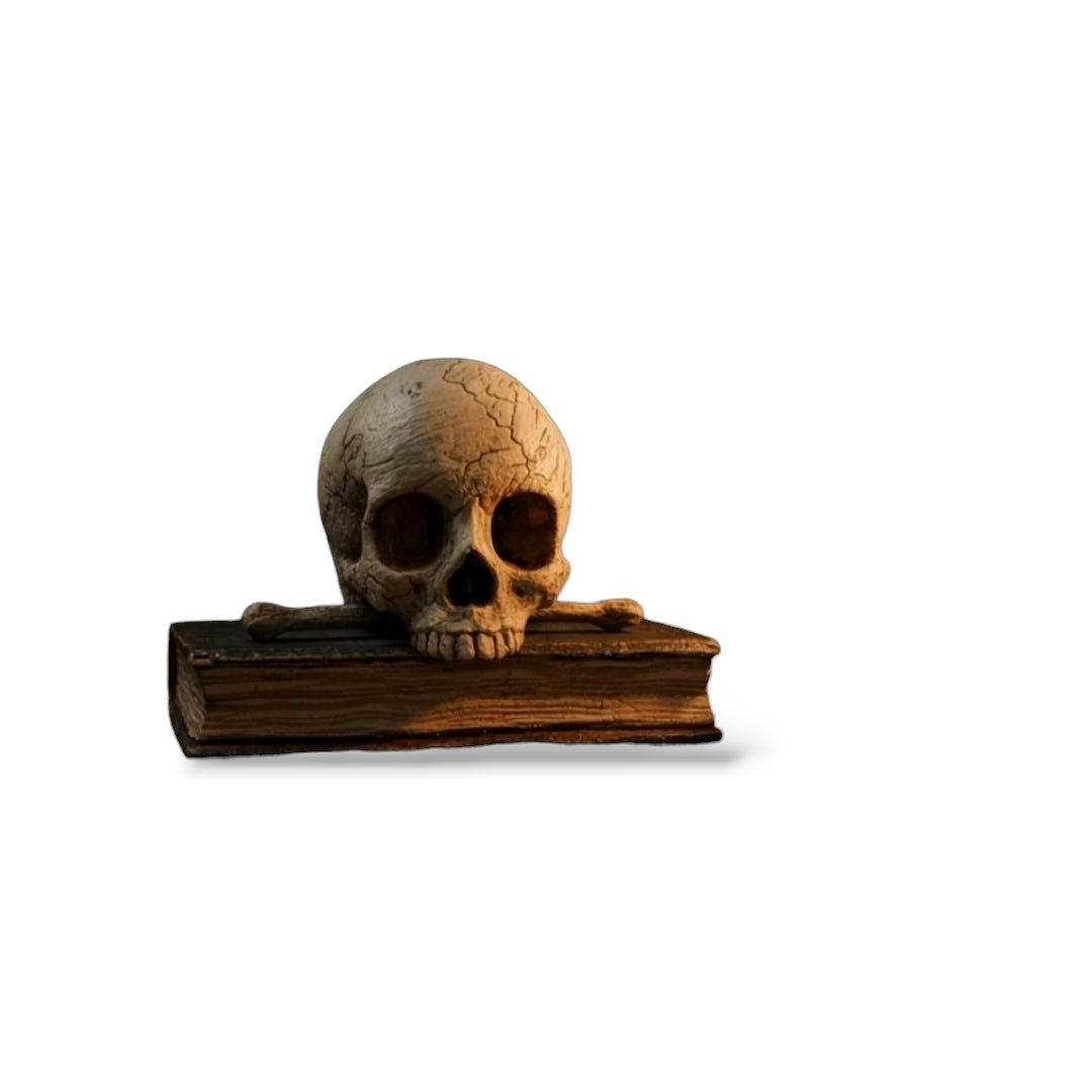 Mid-18th-Century Italian Antique Carved Treen Memento Mori – Skull, Bones & Book – Original Polychromy – Rare Example