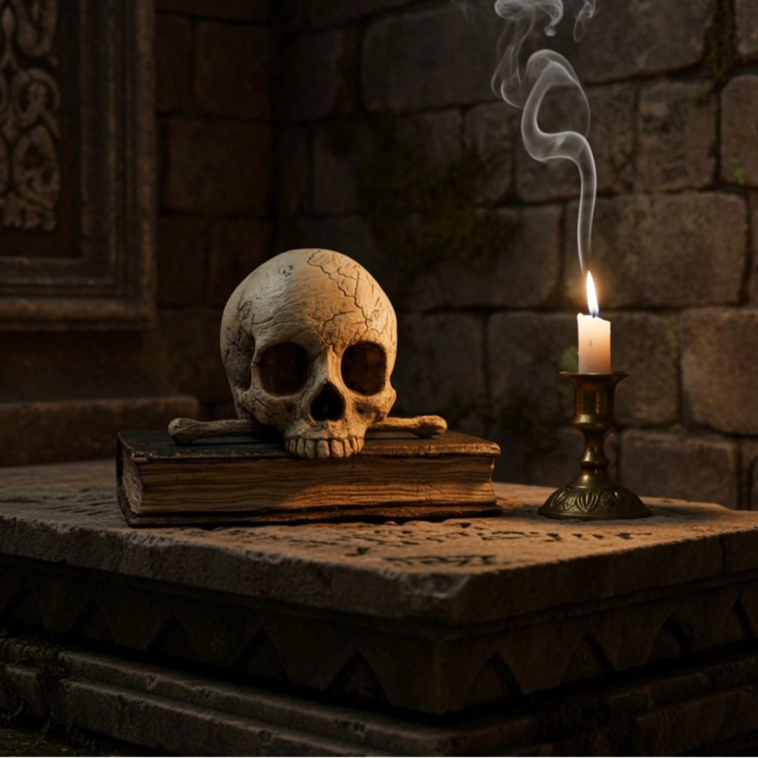 Mid-18th-Century Italian Antique Carved Treen Memento Mori – Skull, Bones & Book – Original Polychromy – Rare Example