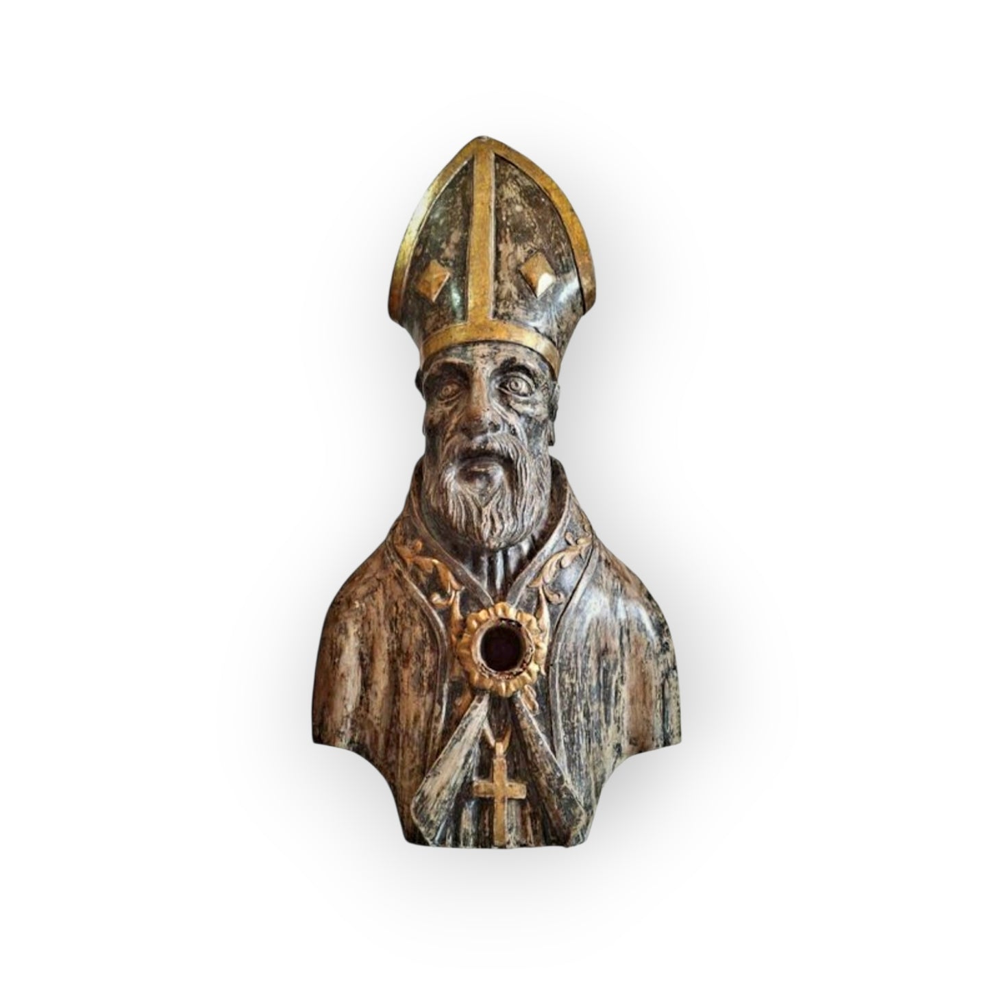 Large 17th‑Century Italian Antique Reliquary Bust of Saint Nicholas – Carved Wooden Sculpture with Silver & Gold Gilding