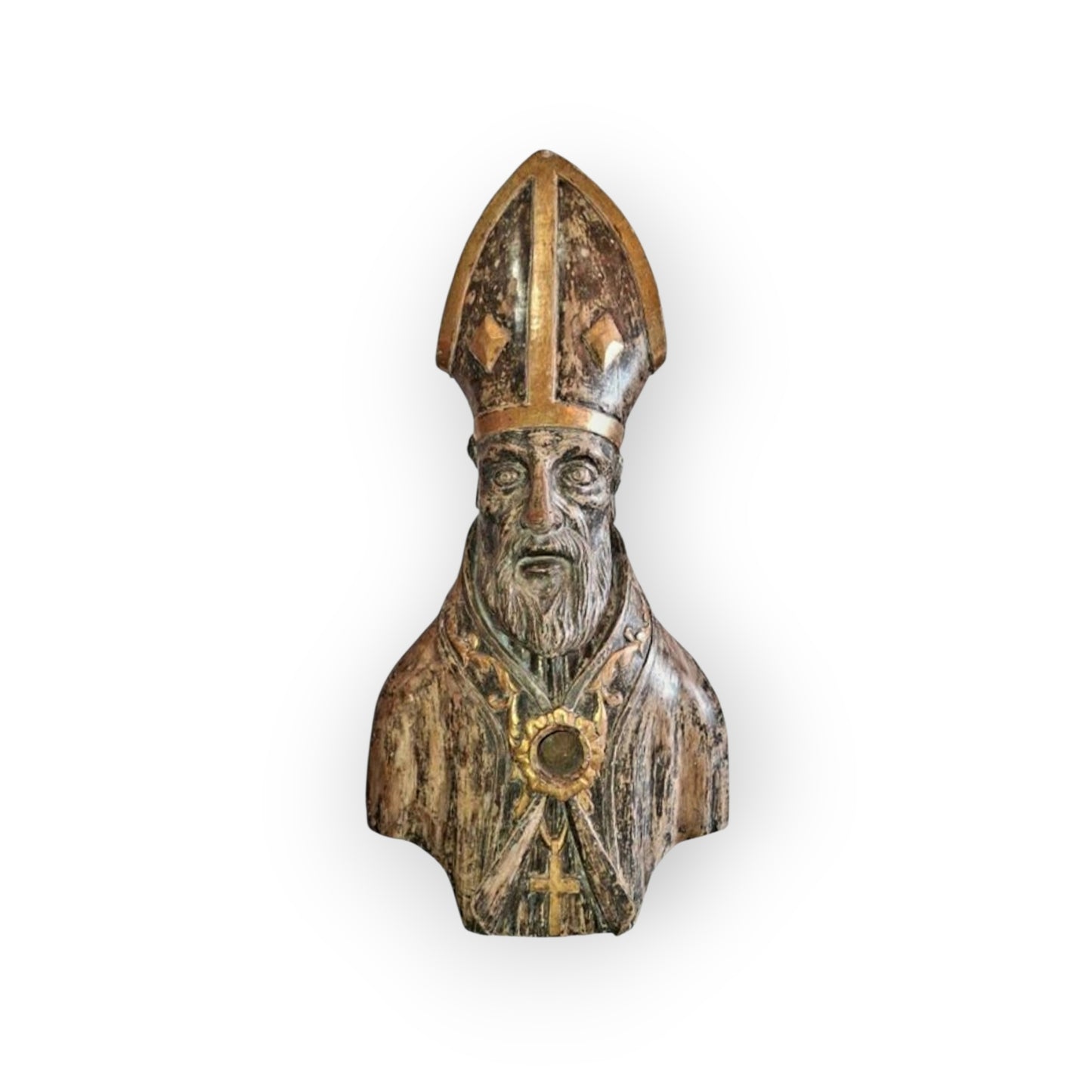 Large 17th‑Century Italian Antique Reliquary Bust of Saint Nicholas – Carved Wooden Sculpture with Silver & Gold Gilding