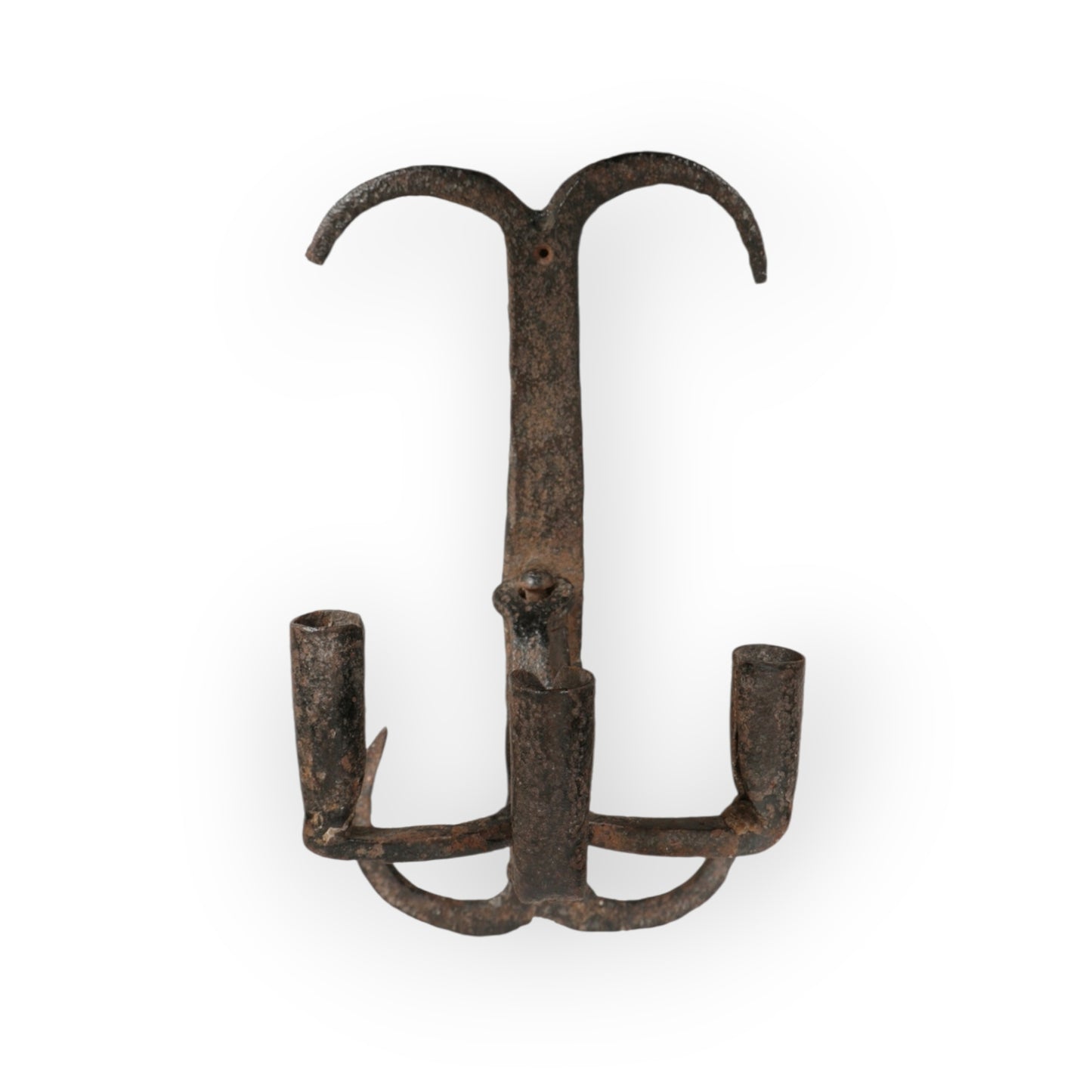 Rare 17th-Century English Antique Wrought Iron Three-Branch Adjustable Candleholder / Wall Sconce