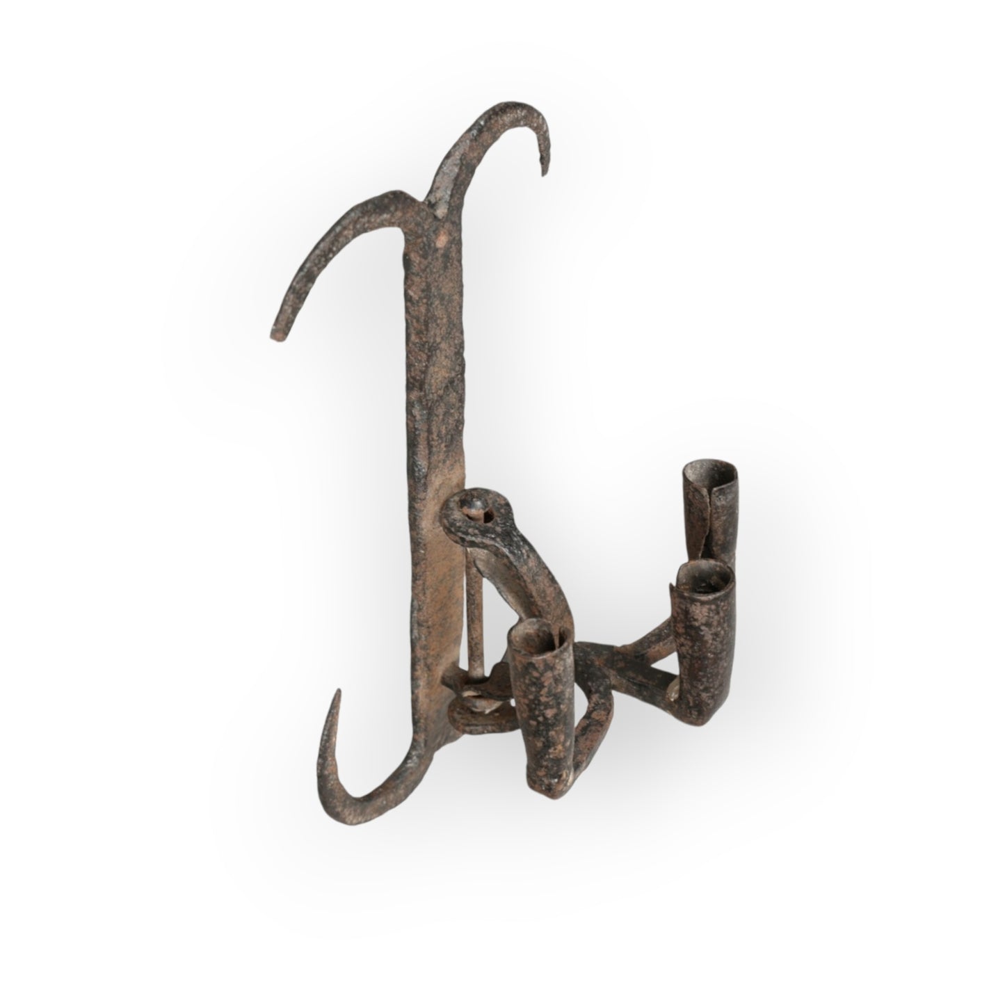 Rare 17th-Century English Antique Wrought Iron Three-Branch Adjustable Candleholder / Wall Sconce