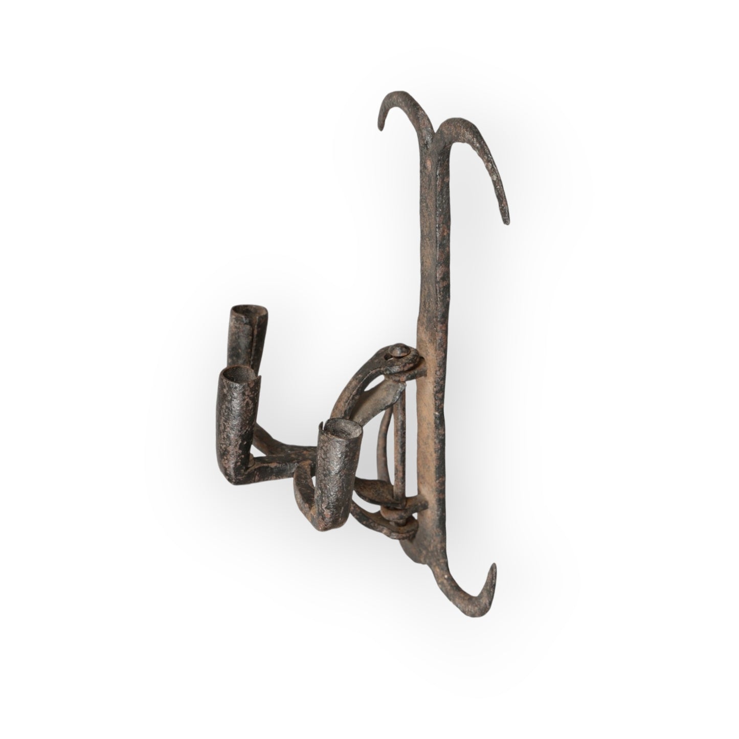 Rare 17th-Century English Antique Wrought Iron Three-Branch Adjustable Candleholder / Wall Sconce