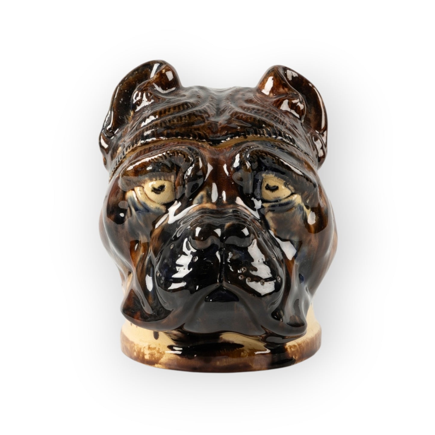 Large, Late 19th‑Century Antique Höganäs Pottery Majolica Tobacco Jar in the Form of a Bulldog’s Head