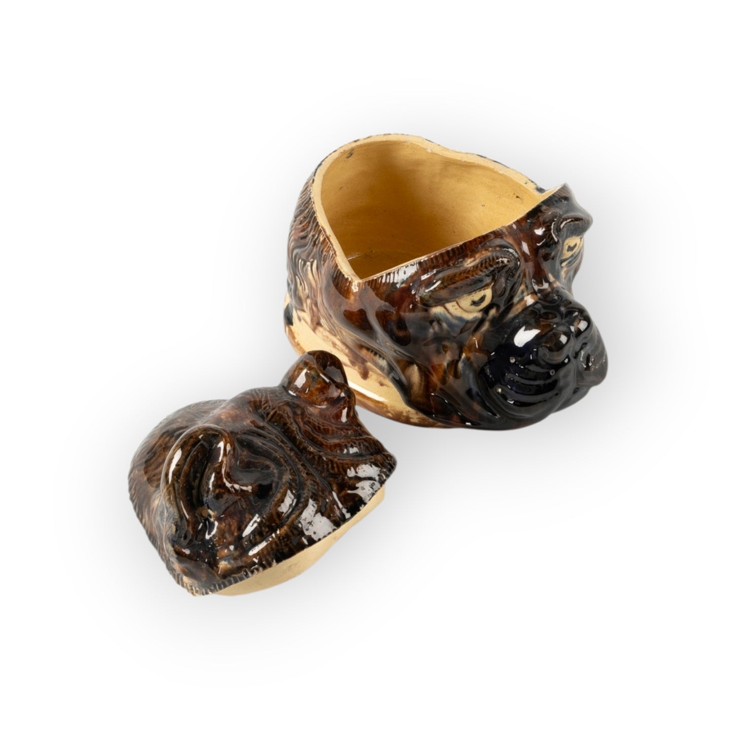 Large, Late 19th‑Century Antique Höganäs Pottery Majolica Tobacco Jar in the Form of a Bulldog’s Head