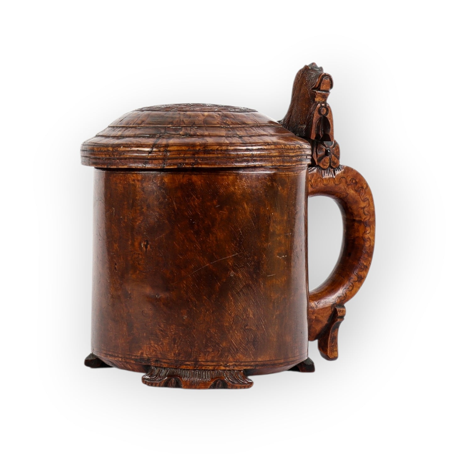 Large Mid‑18th‑Century Norwegian Antique Pegged Birchwood Tankard with Lion‑Form Thumb Grip