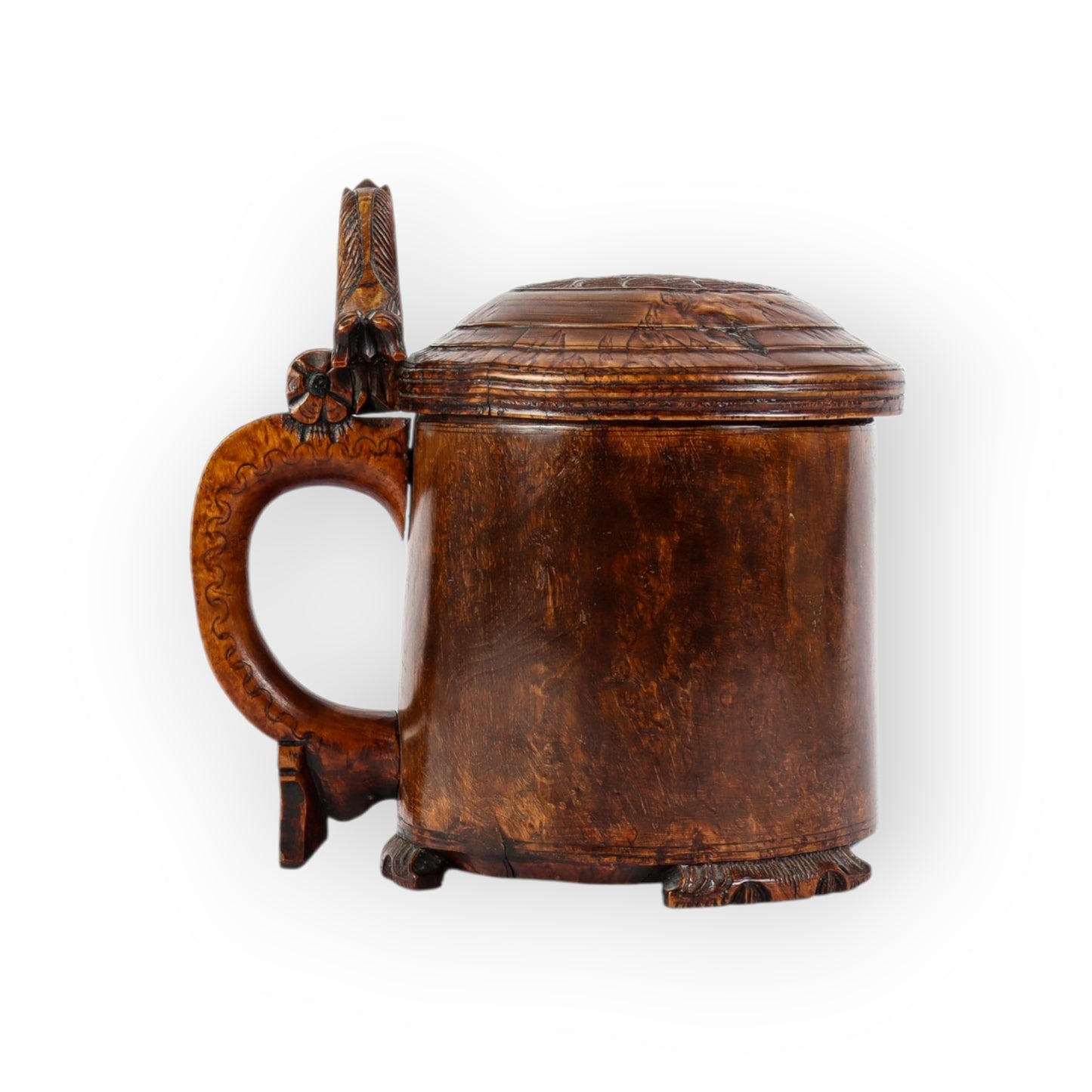 Large Mid‑18th‑Century Norwegian Antique Pegged Birchwood Tankard with Lion‑Form Thumb Grip
