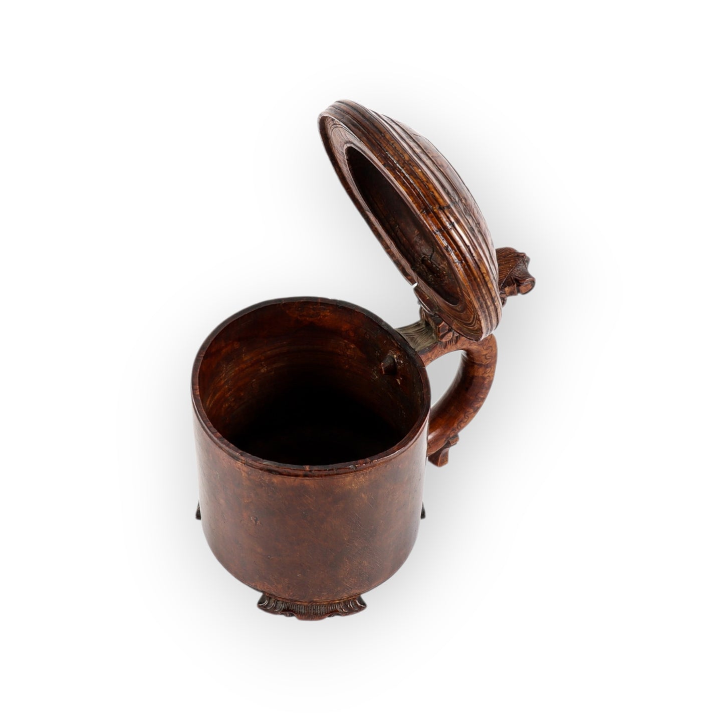 Large Mid‑18th‑Century Norwegian Antique Pegged Birchwood Tankard with Lion‑Form Thumb Grip