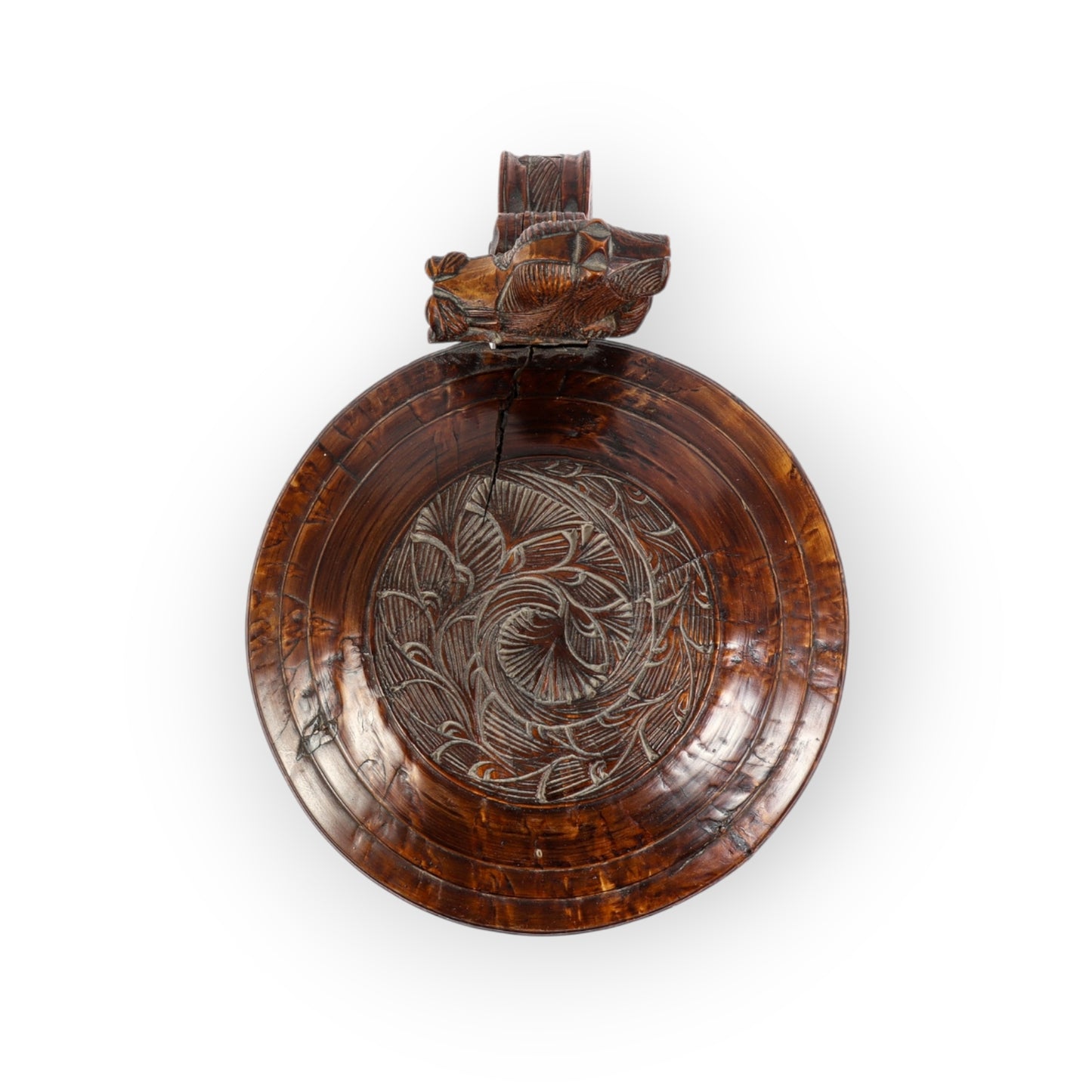 Large Mid‑18th‑Century Norwegian Antique Pegged Birchwood Tankard with Lion‑Form Thumb Grip