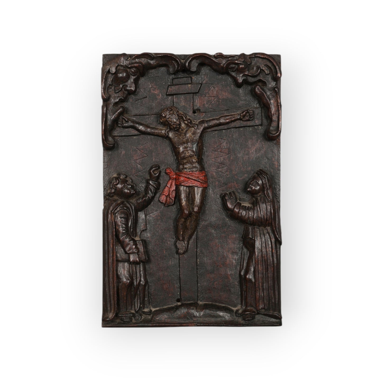 18th‑Century Carved Polychrome Panel Depicting Jesus Christ on the Cross Flanked by The Virgin Mary & Saint John the Evangelist