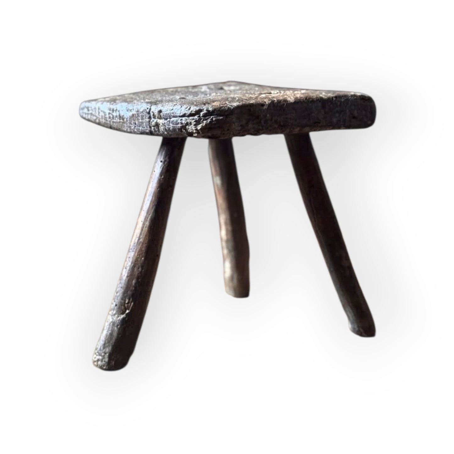 Late 18th-Century Primitive Welsh Antique Slab Top Three‑Legged Milking Stool