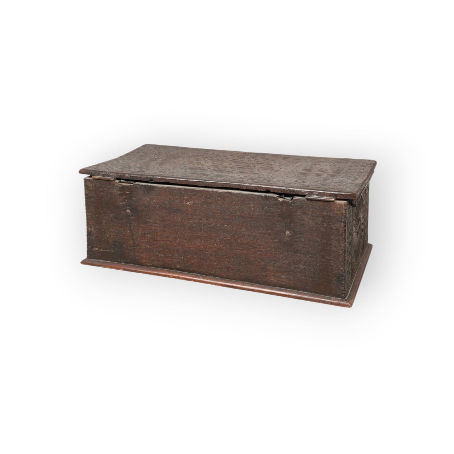 A Diminutive Early 17th-Century Chip-Carved Antique Oak Boarded Box / Bible Box