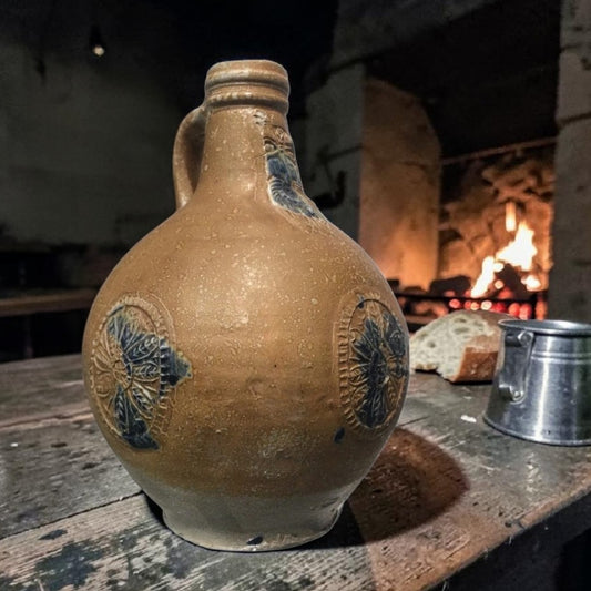 Rare 17th-Century German Antique Bellarmine Jug with Cobalt Blue Glaze Decoration, circa 1625-1675
