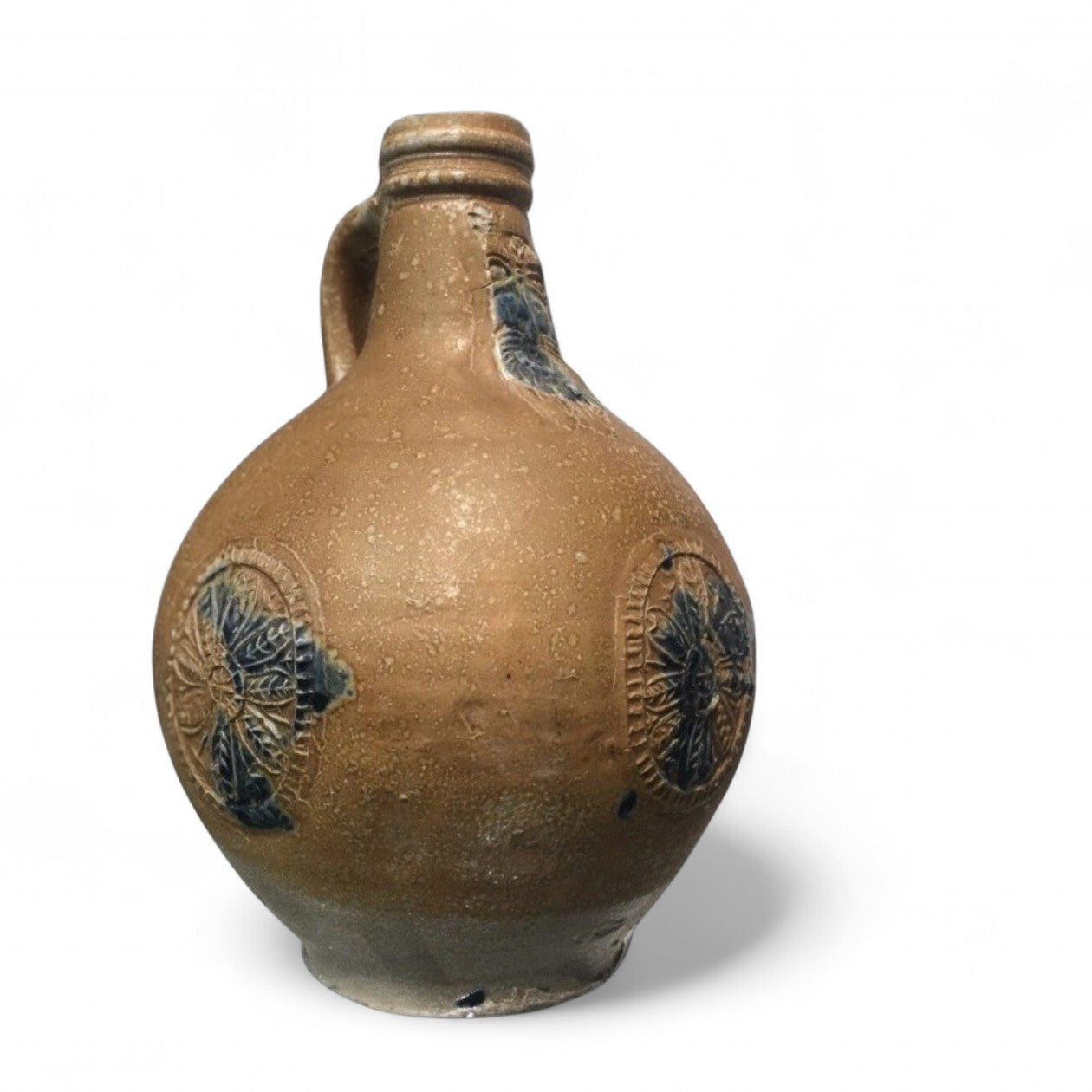 Rare 17th-Century German Antique Bellarmine Jug with Cobalt Blue Glaze Decoration, circa 1625-1675