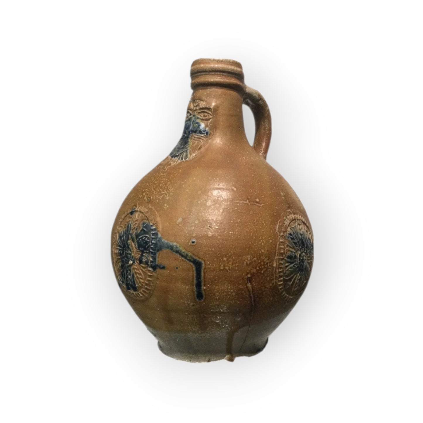 Rare 17th-Century German Antique Bellarmine Jug with Cobalt Blue Glaze Decoration, circa 1625-1675