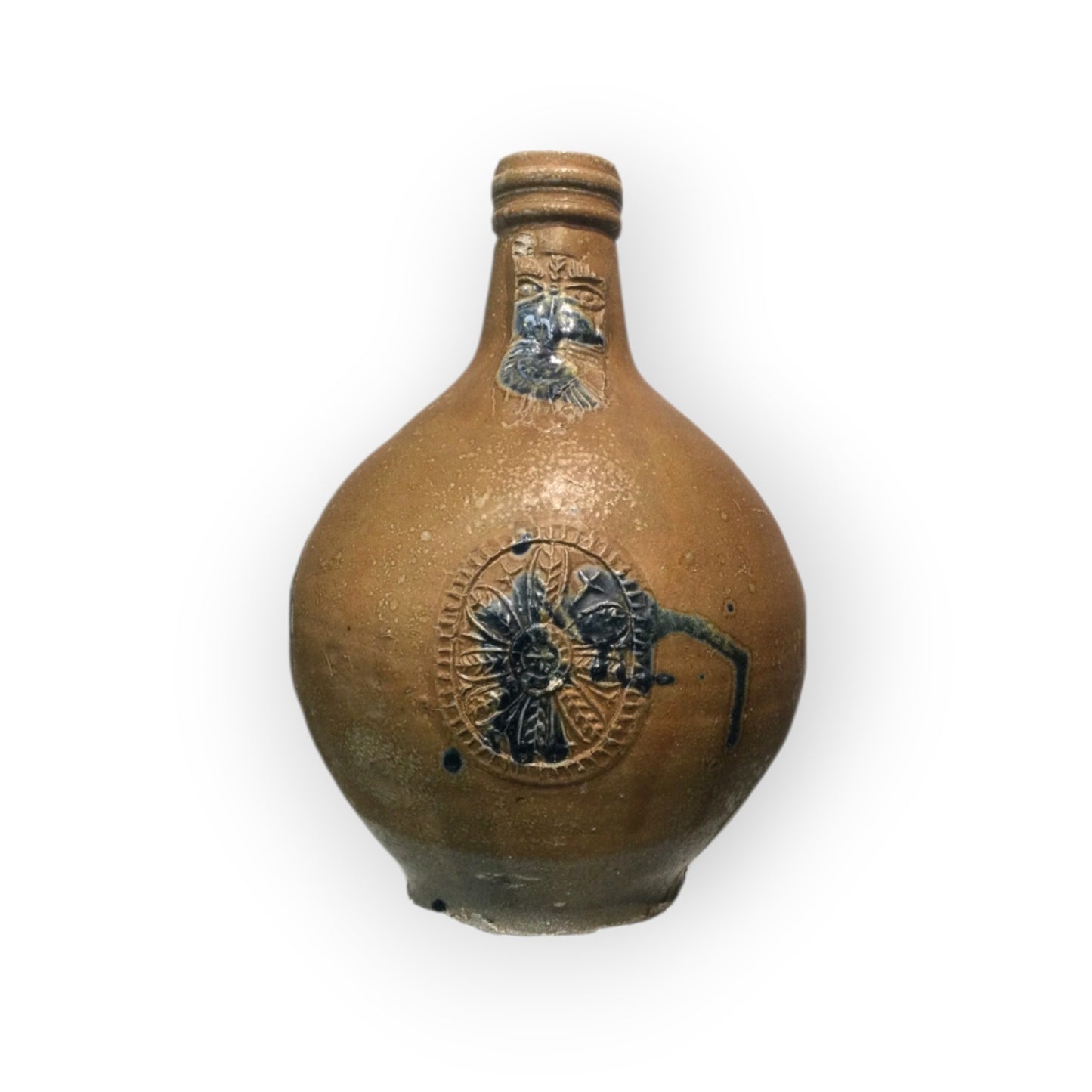 Rare 17th-Century German Antique Bellarmine Jug with Cobalt Blue Glaze Decoration, circa 1625-1675