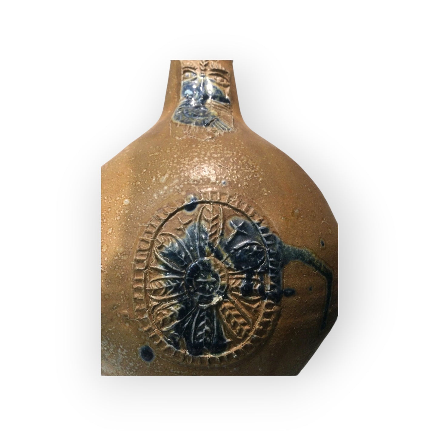 Rare 17th-Century German Antique Bellarmine Jug with Cobalt Blue Glaze Decoration, circa 1625-1675