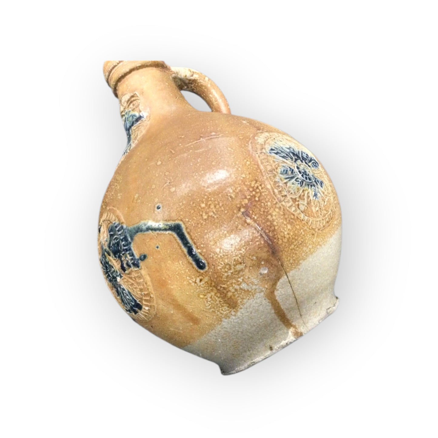 Rare 17th-Century German Antique Bellarmine Jug with Cobalt Blue Glaze Decoration, circa 1625-1675