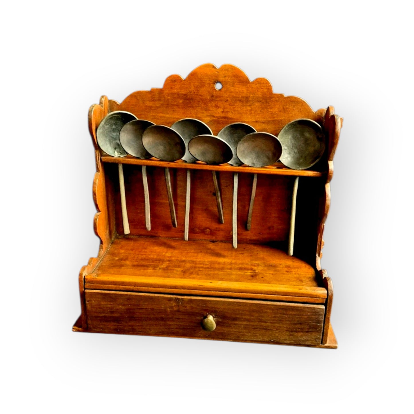 18thC-19thC English Antique Fruitwood Spoon Rack with Eight Pewter Spoons, circa 1780–1830