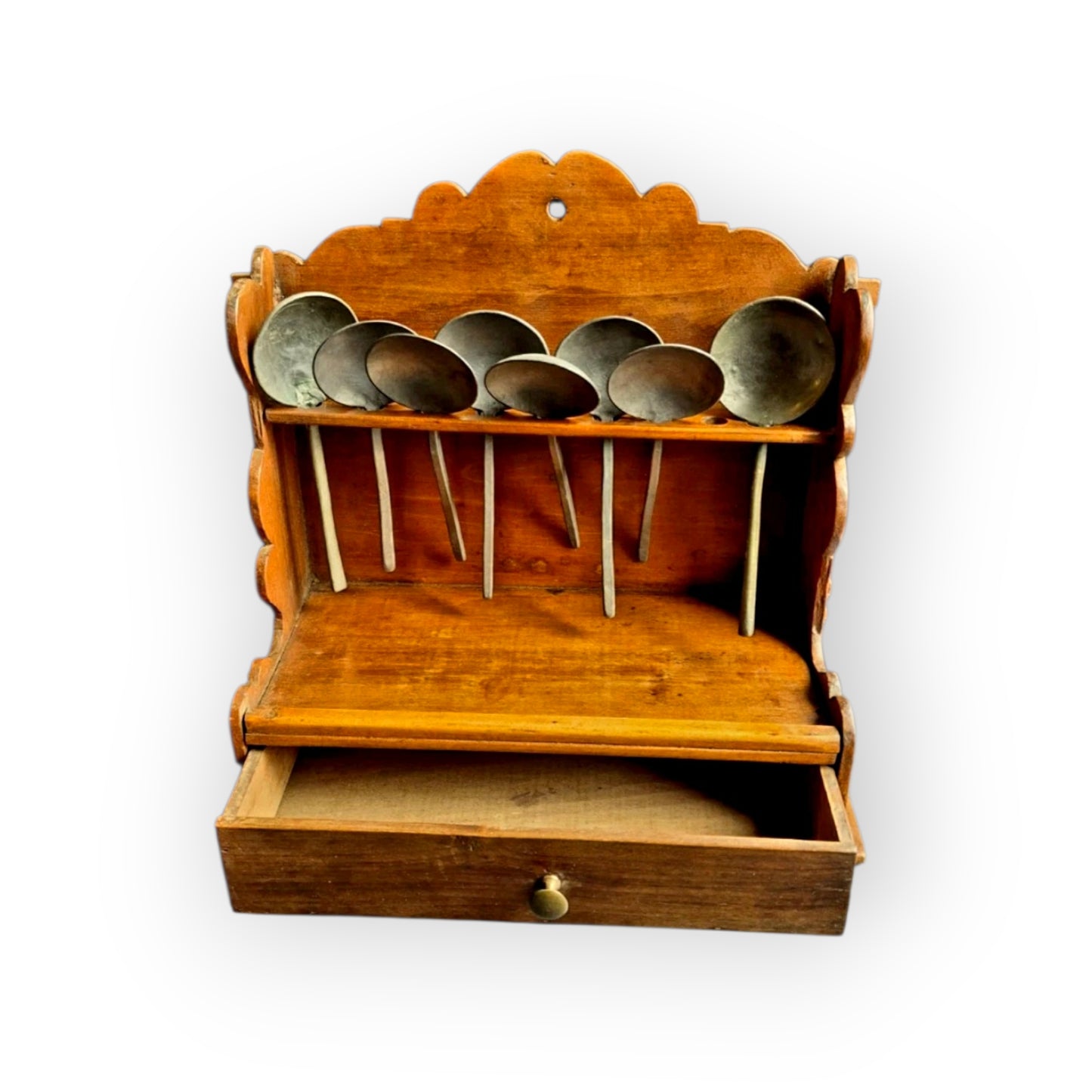 18thC-19thC English Antique Fruitwood Spoon Rack with Eight Pewter Spoons, circa 1780–1830