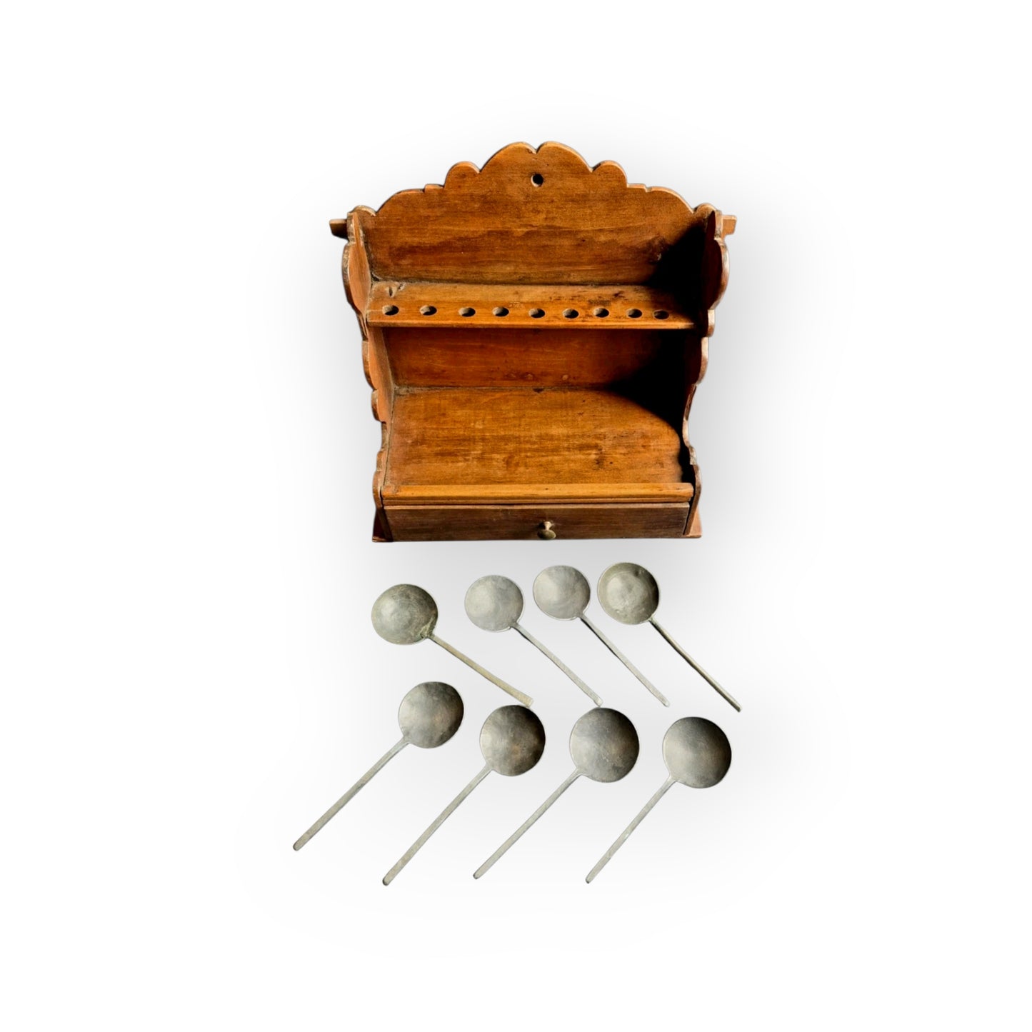 18thC-19thC English Antique Fruitwood Spoon Rack with Eight Pewter Spoons, circa 1780–1830