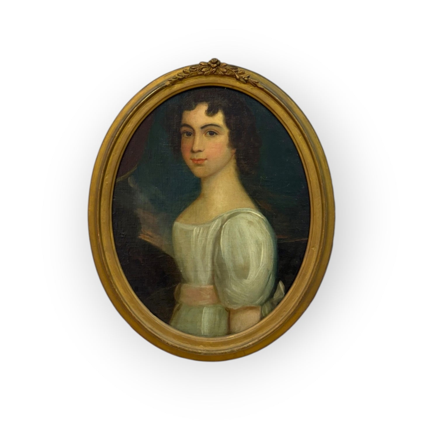 An Attractive Early 19th Century English Antique Oval Portrait of a Young Lady, British Provincial School, Oil on Canvas, circa 1800-1815