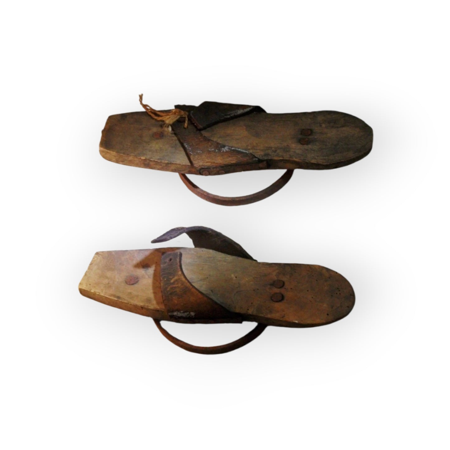 A Rare Surviving Pair of Late 17th - Early 18th Century Antique Wooden Pattens with Original Iron Rings and Leather Straps