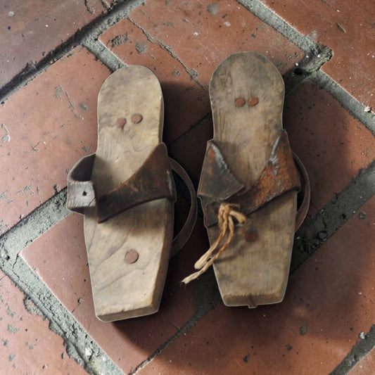 A Rare Surviving Pair of Late 17th - Early 18th Century Antique Wooden Pattens with Original Iron Rings and Leather Straps