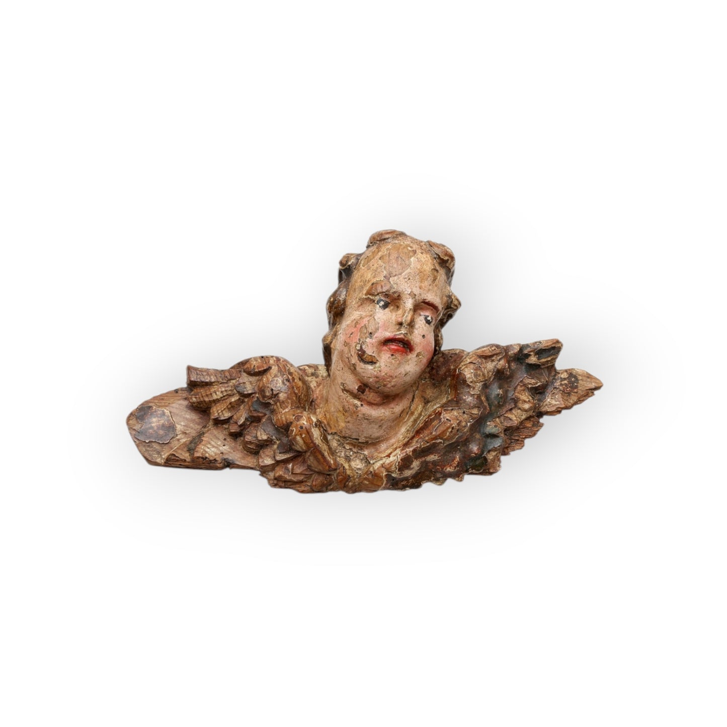 A Carved, 17th–18th Century Spanish Baroque Antique Polychrome and Parcel-Gilt Angel's Head with Wings