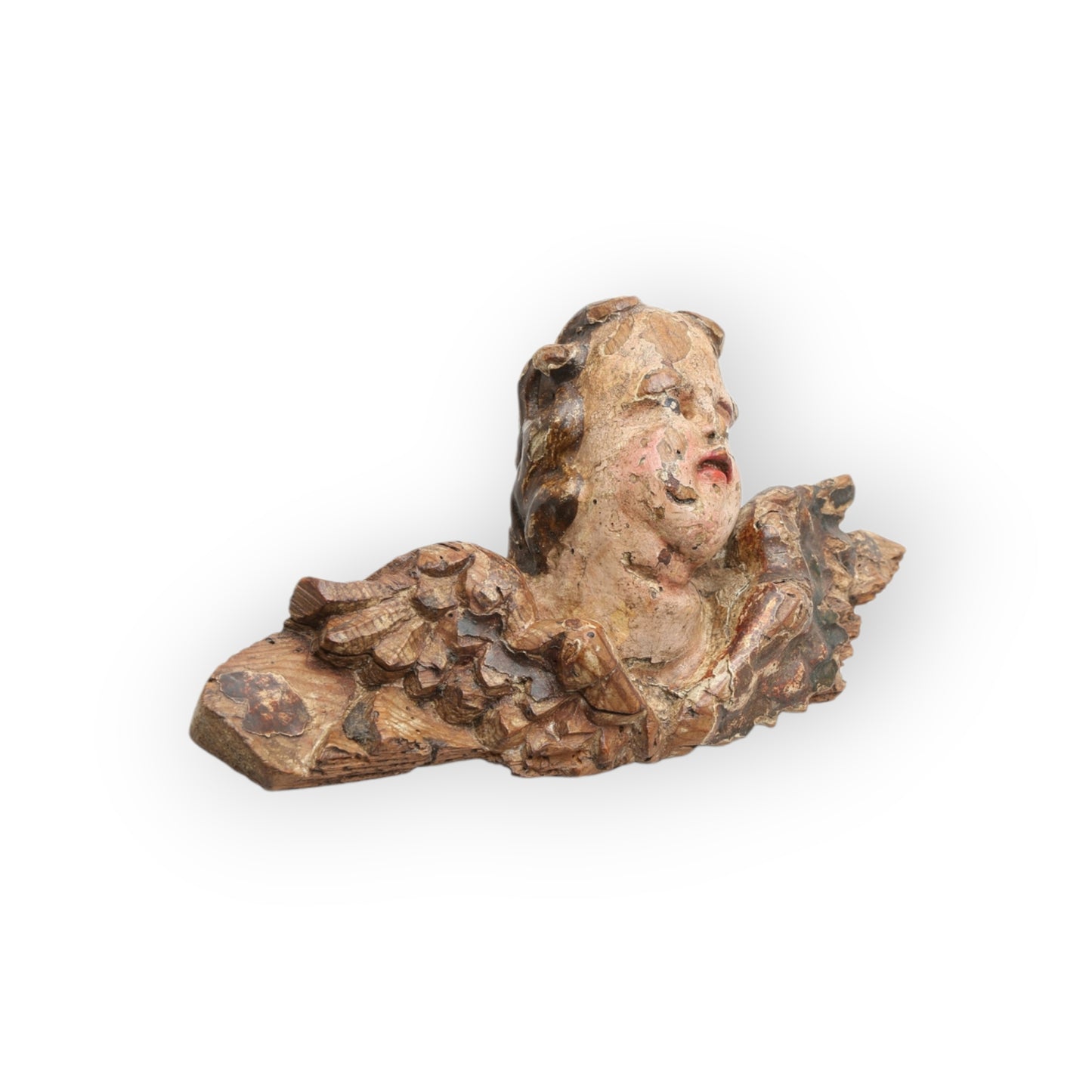 A Carved, 17th–18th Century Spanish Baroque Antique Polychrome and Parcel-Gilt Angel's Head with Wings