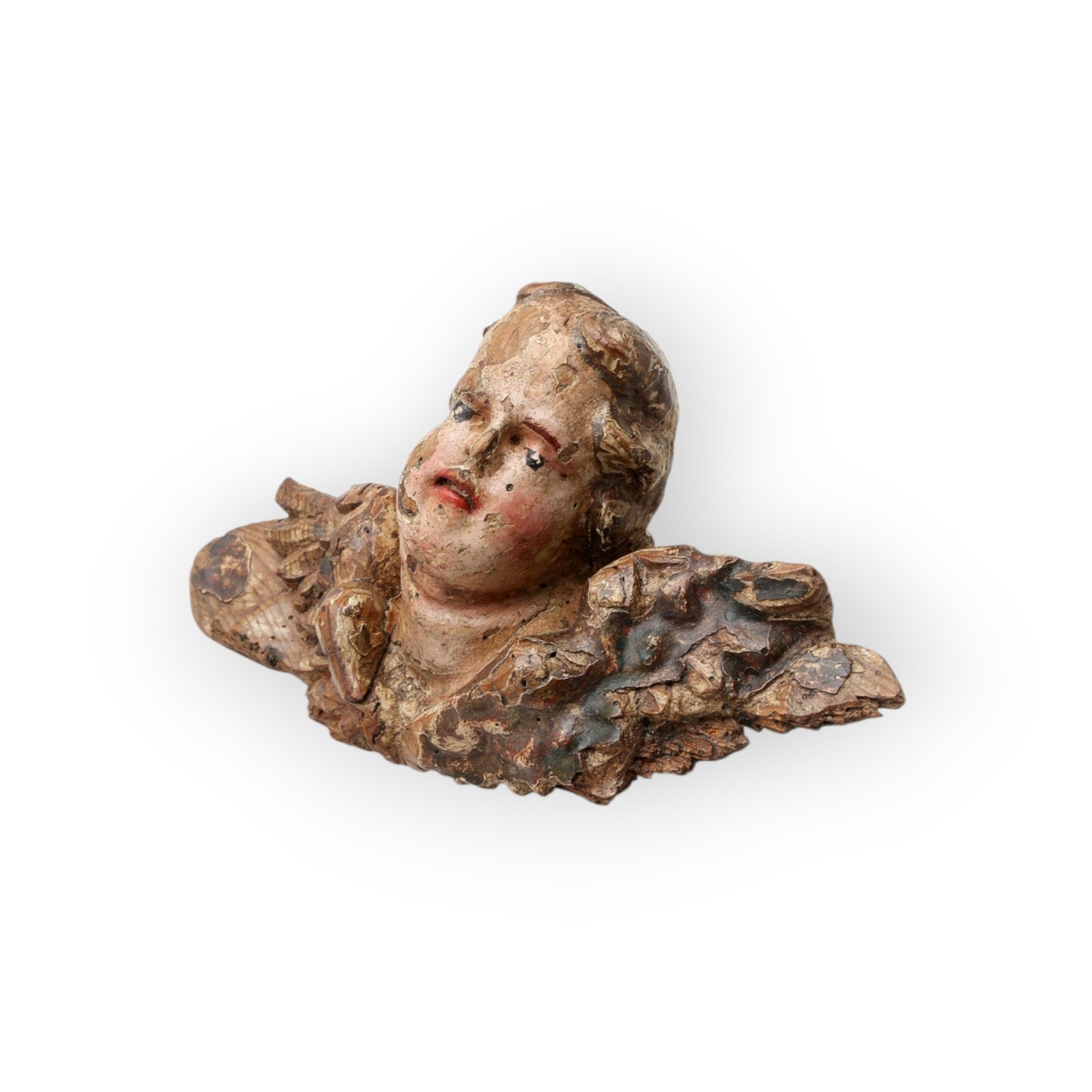 A Carved, 17th–18th Century Spanish Baroque Antique Polychrome and Parcel-Gilt Angel's Head with Wings