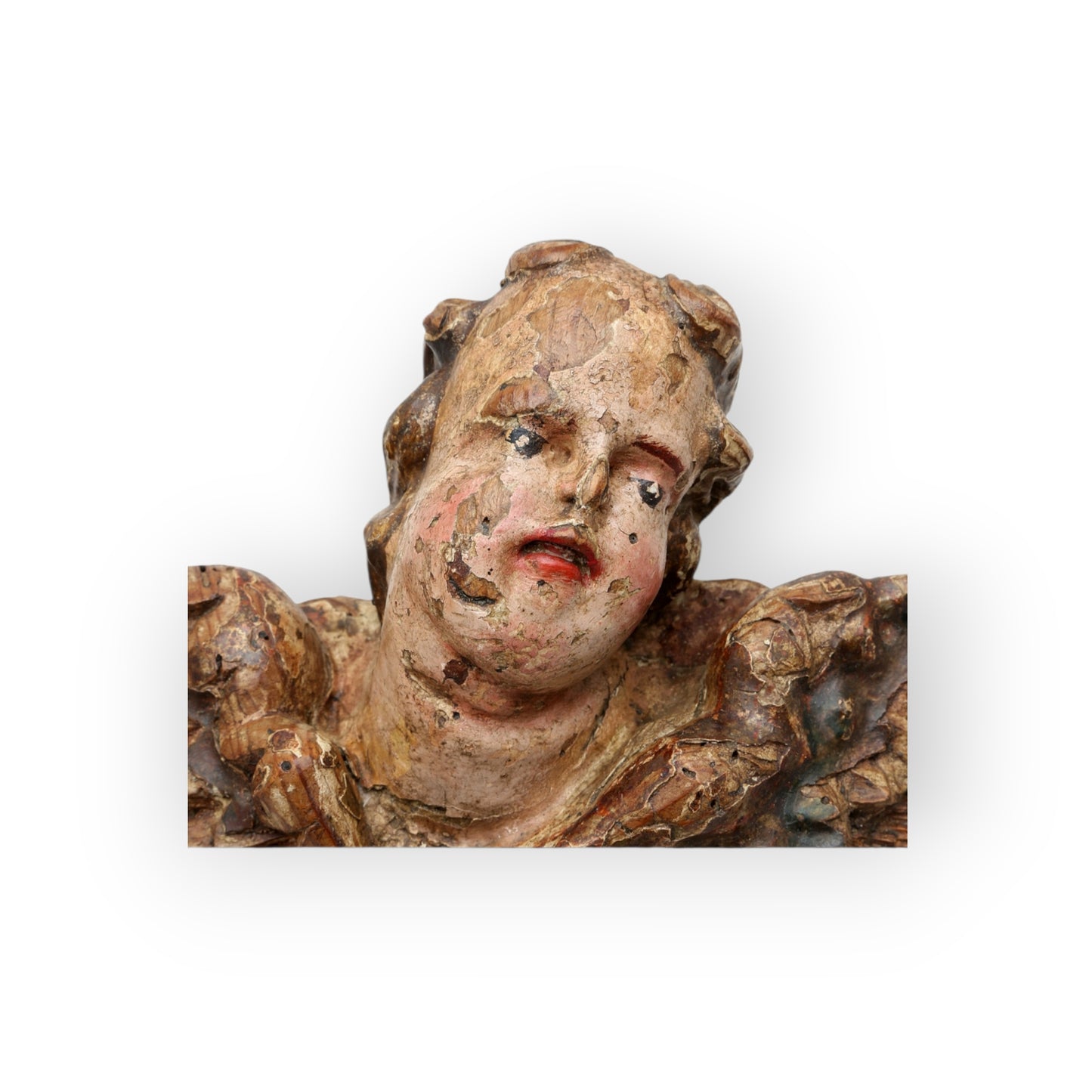 A Carved, 17th–18th Century Spanish Baroque Antique Polychrome and Parcel-Gilt Angel's Head with Wings