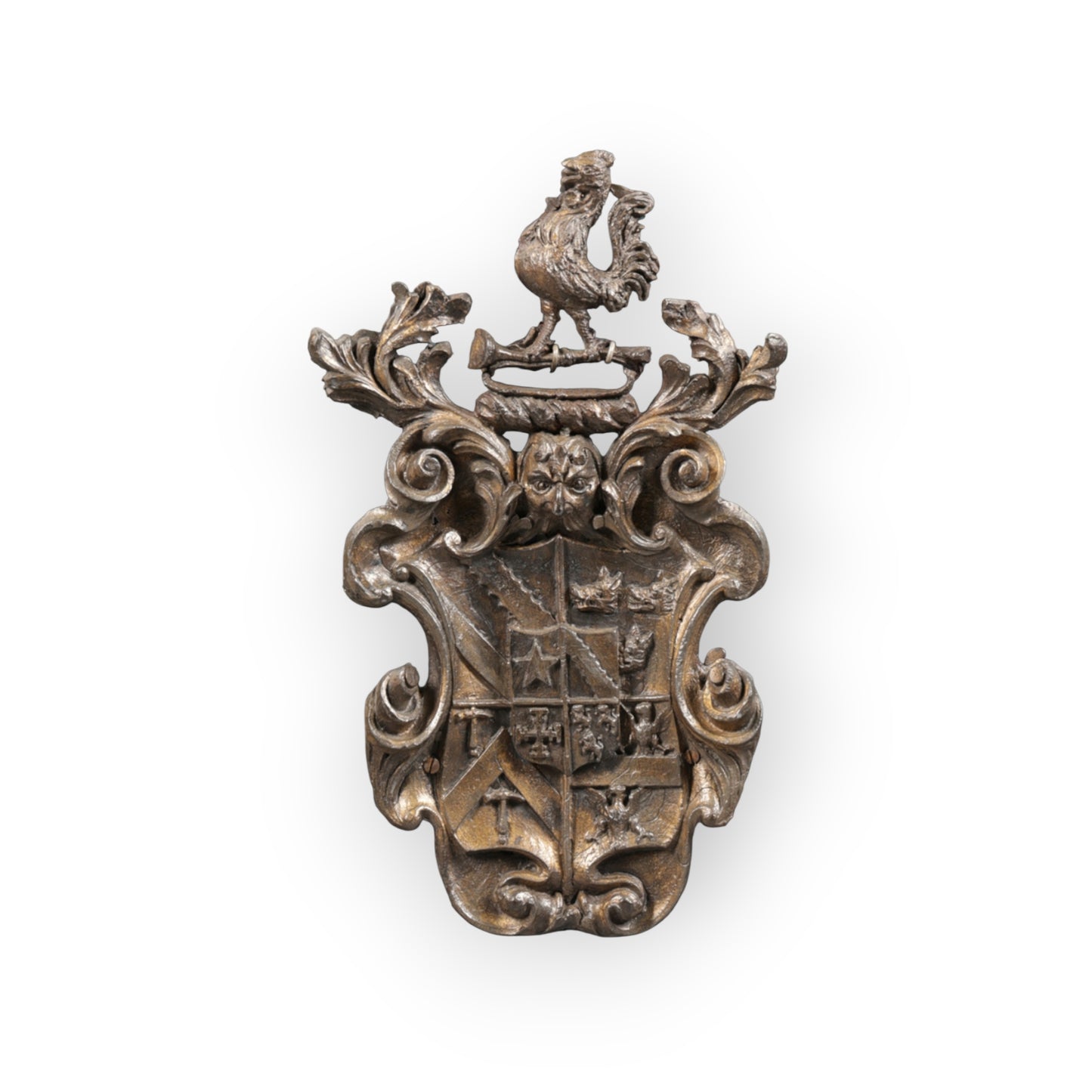 A Large 18th Century English Antique Gilt Lead Armorial Plaque / Coat of Arms