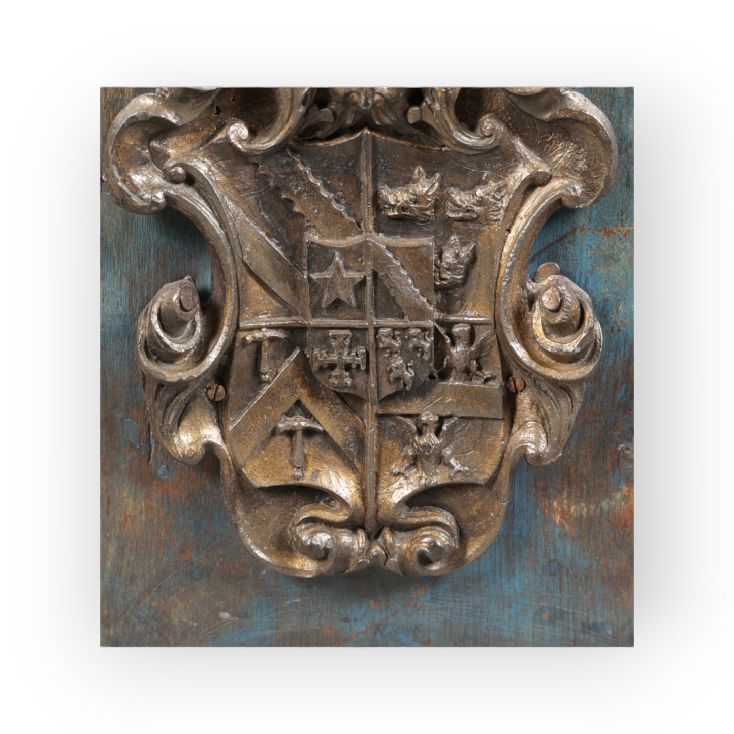A Large 18th Century English Antique Gilt Lead Armorial Plaque / Coat of Arms