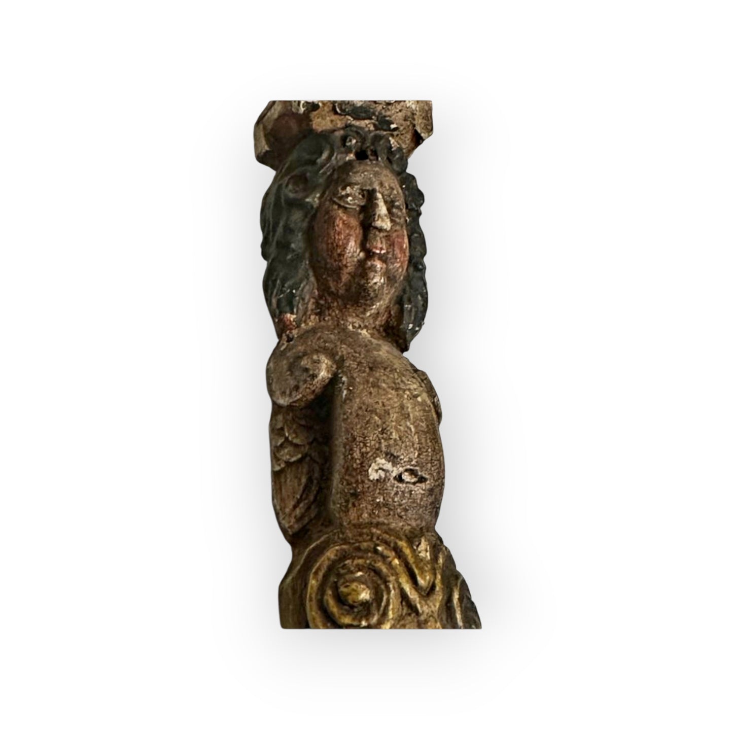 A Rare Late Renaissance Carved Oak & Polychromed Caryatid Figure of a Winged Angel, French, Circa 1600