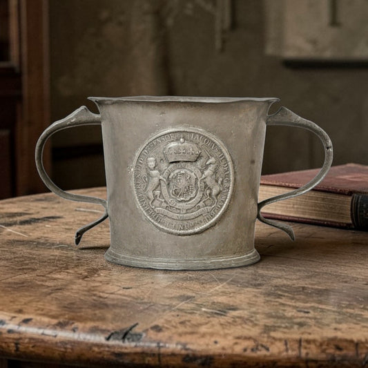 Large 17th Century English Antique Pewter Twin‑Handled Loving Cup with James II Medallion, circa 1685-1688